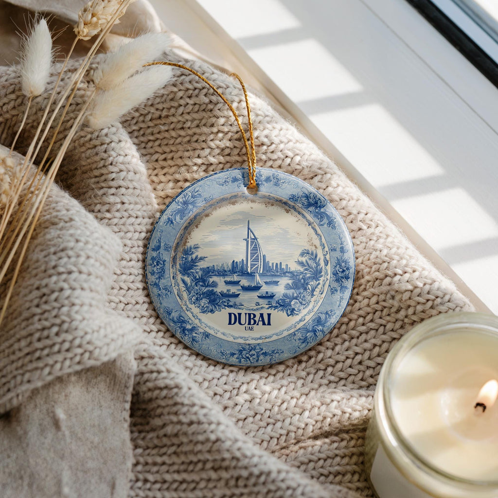 Custom Dubai UAE Ceramic Delft Ornament, Christmas Delftware Blue Delftware city travel - CuteBeePix