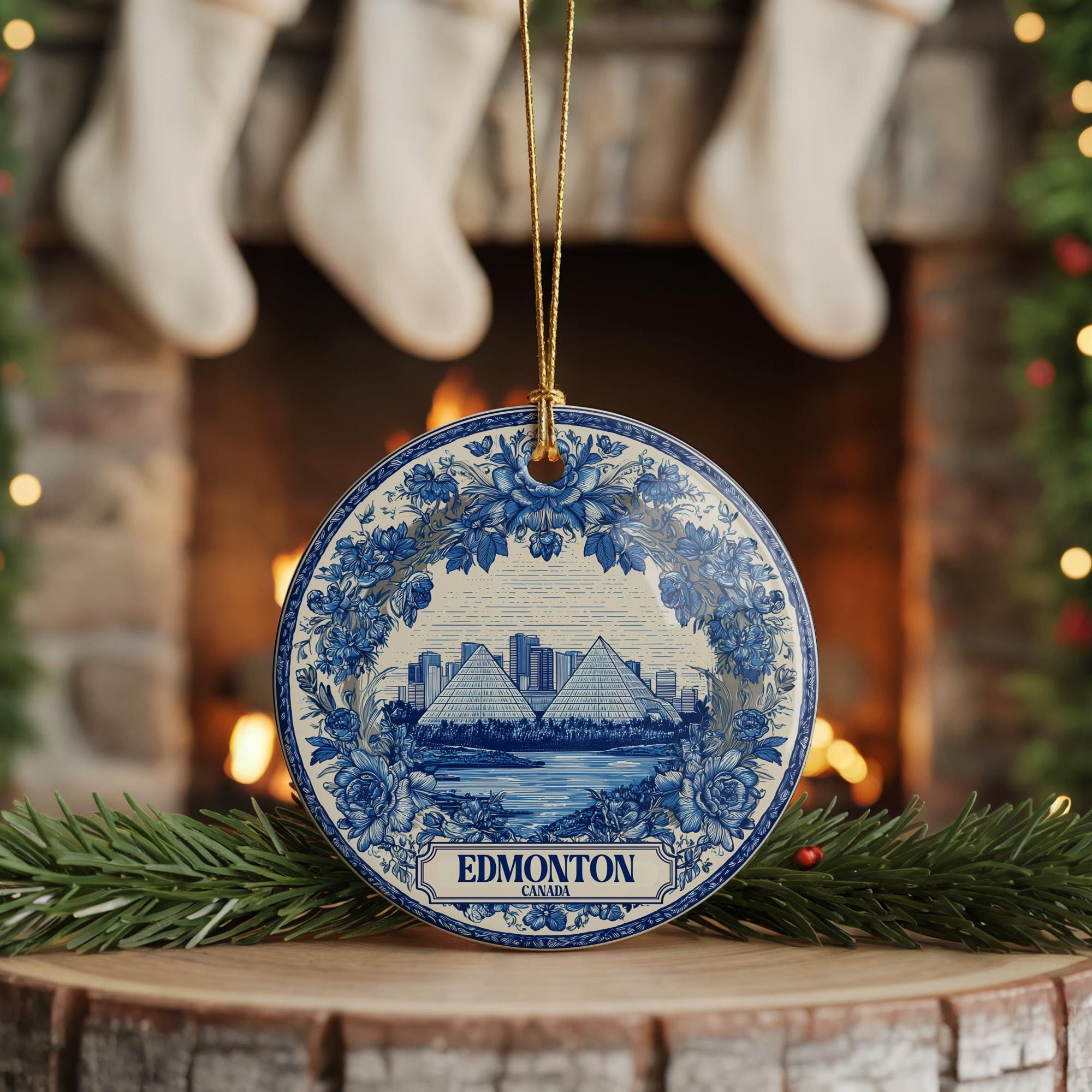 Custom Edmonton Canada Ceramic Delft Ornament, Christmas Delftware Blue Delftware city travel - CuteBeePix