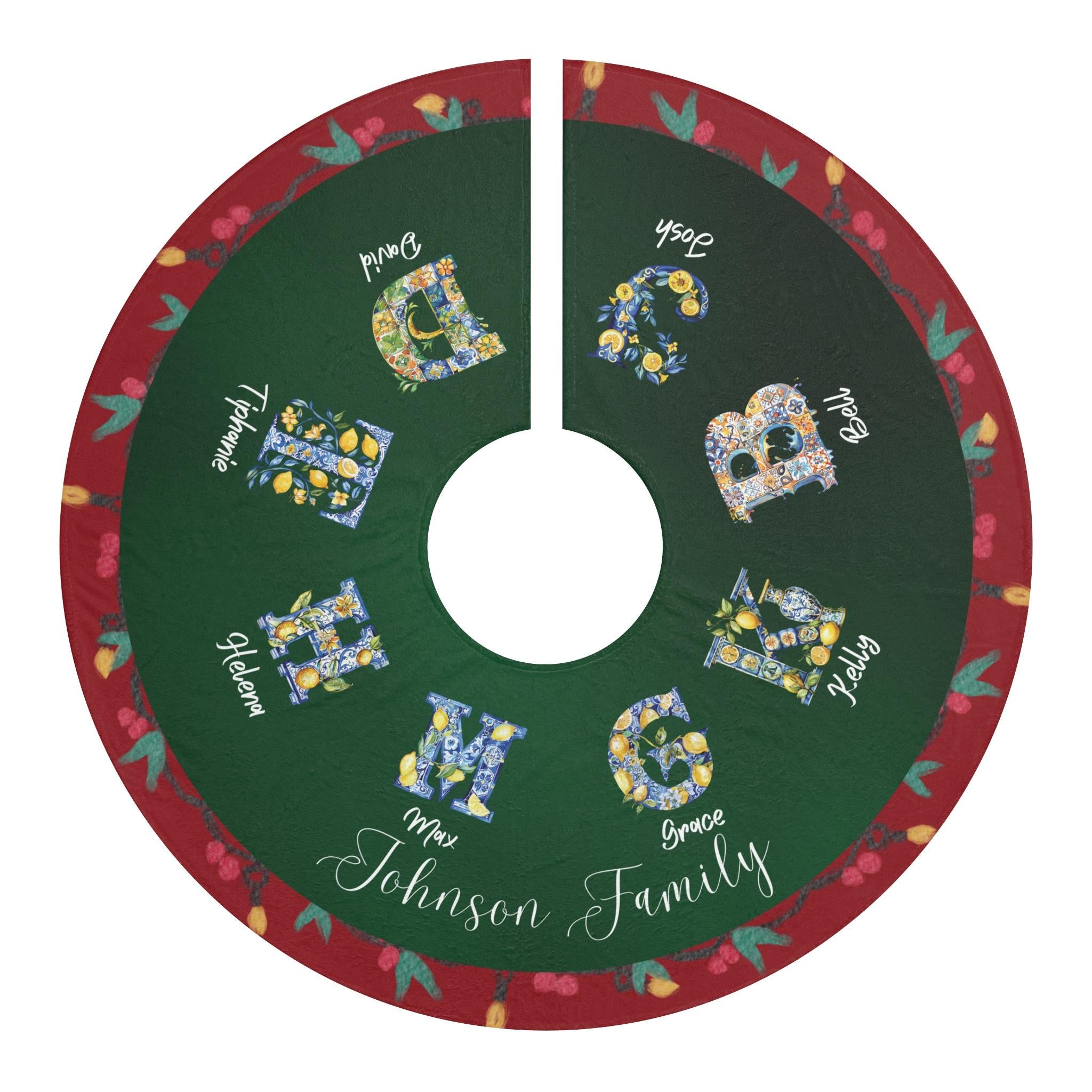 Custom Family Name Christmas Tree Skirt, Personalized Portuguese Tile Initial, Festive Holiday Decor - CuteBeePix