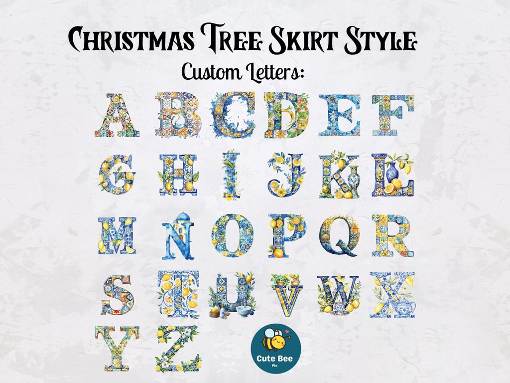 Custom Family Name Christmas Tree Skirt, Personalized Portuguese Tile Initial, Festive Holiday Decor - CuteBeePix