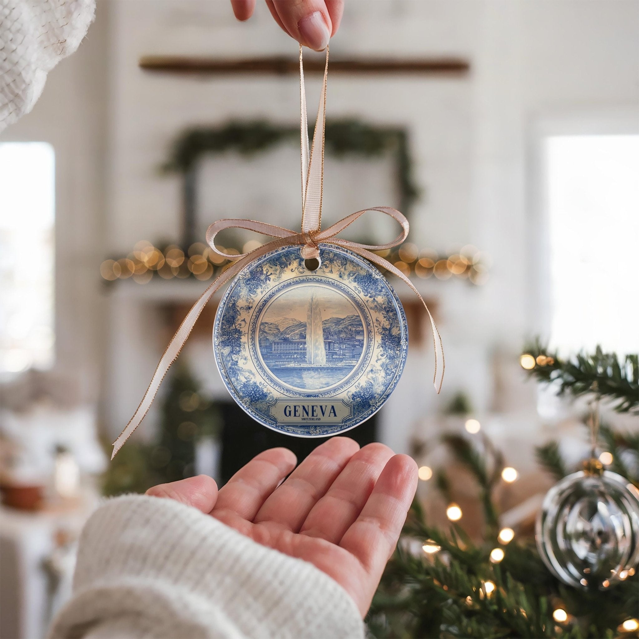 Custom Geneva Switzerland Ceramic Delft Ornament, Christmas Delftware Blue Delftware city travel - CuteBeePix