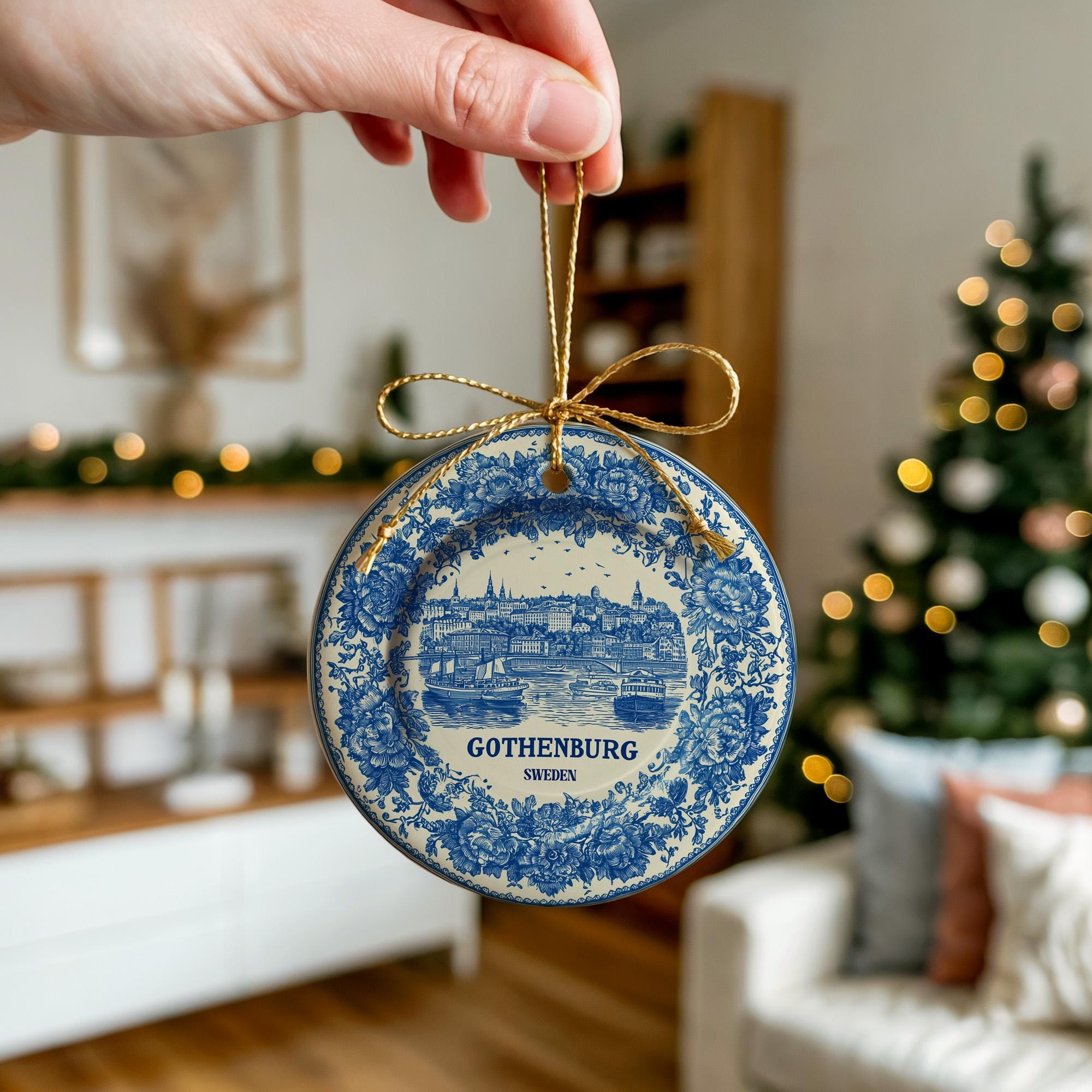 Custom Gothenburg Sweden Ceramic Delft Ornament, Christmas Delftware Blue Delftware city travel - CuteBeePix