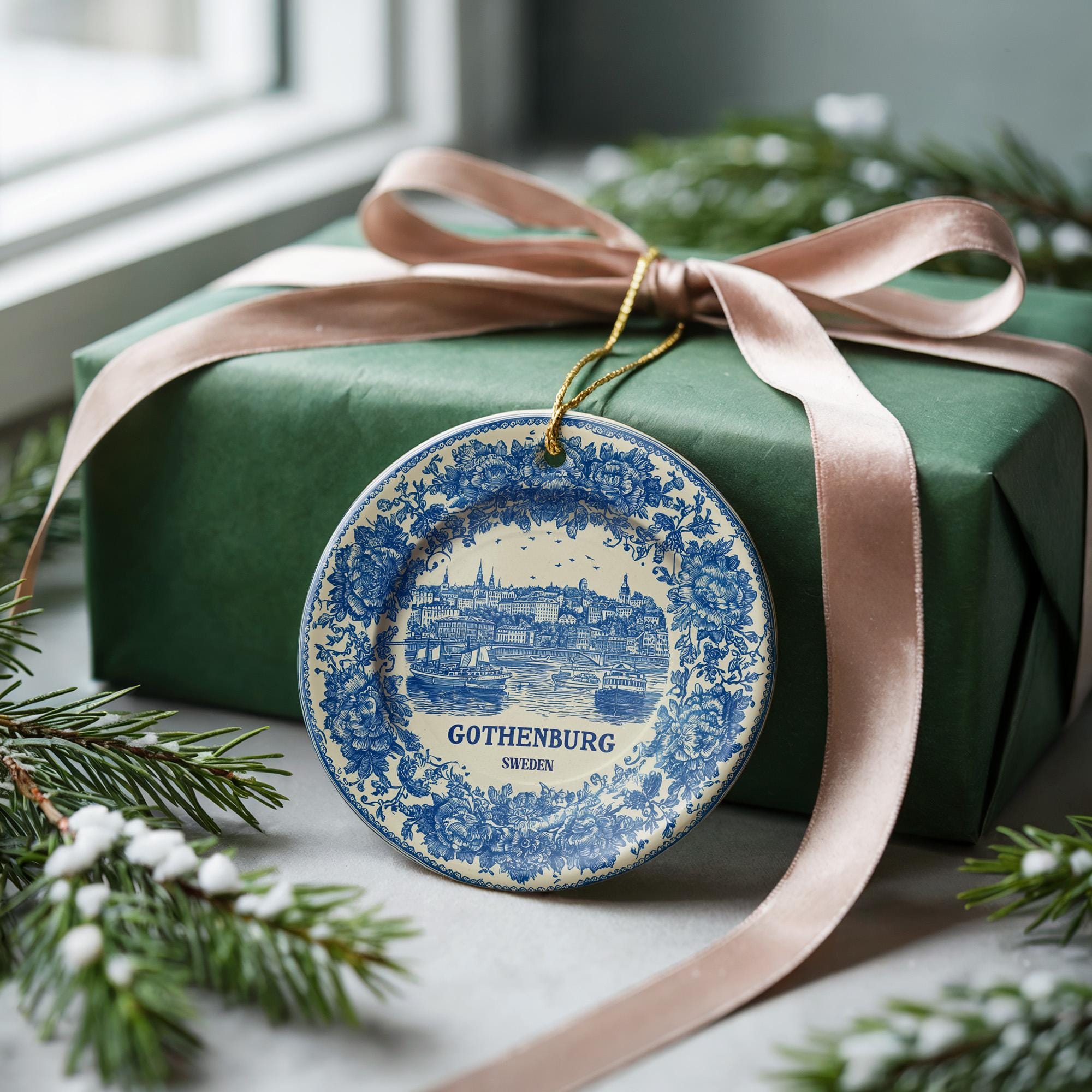 Custom Gothenburg Sweden Ceramic Delft Ornament, Christmas Delftware Blue Delftware city travel - CuteBeePix