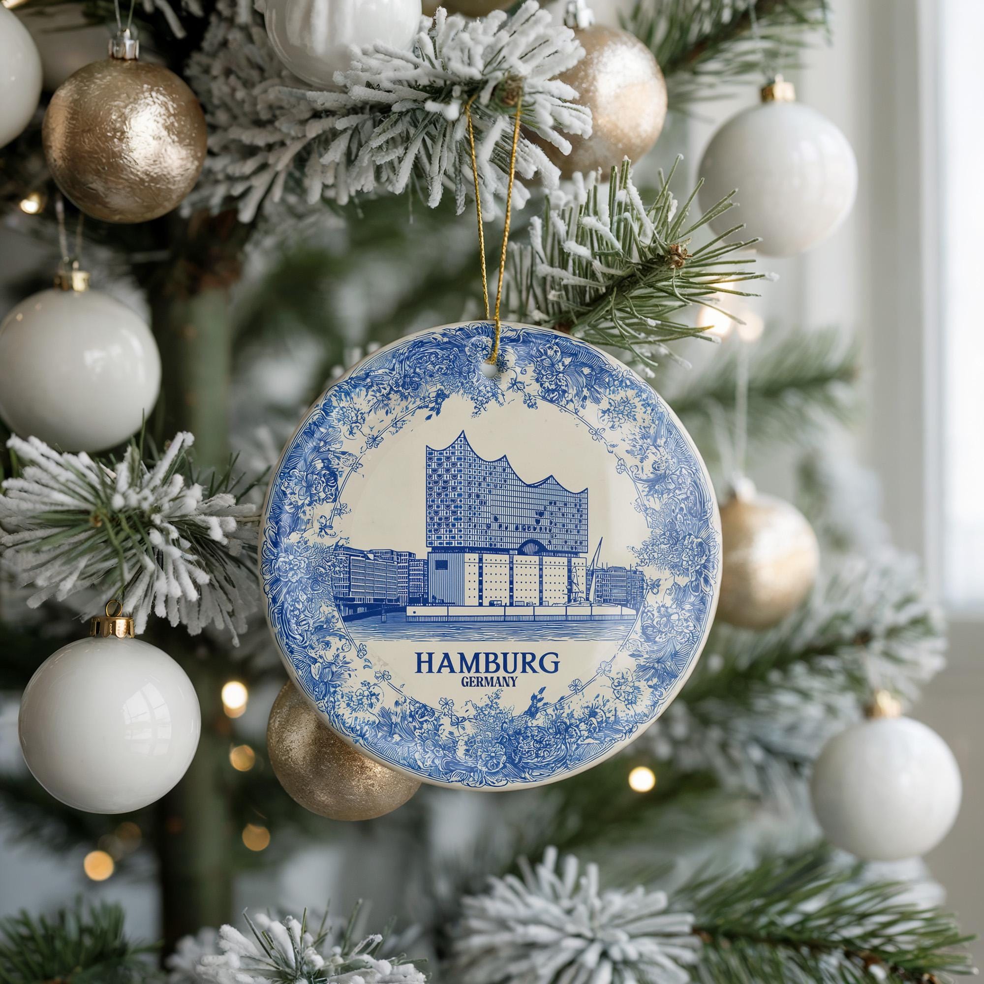 Custom Hamburg Germany Ceramic Delft Ornament, Christmas Delftware Blue Delftware city travel - CuteBeePix