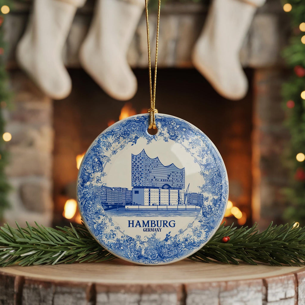 Custom Hamburg Germany Ceramic Delft Ornament, Christmas Delftware Blue Delftware city travel - CuteBeePix