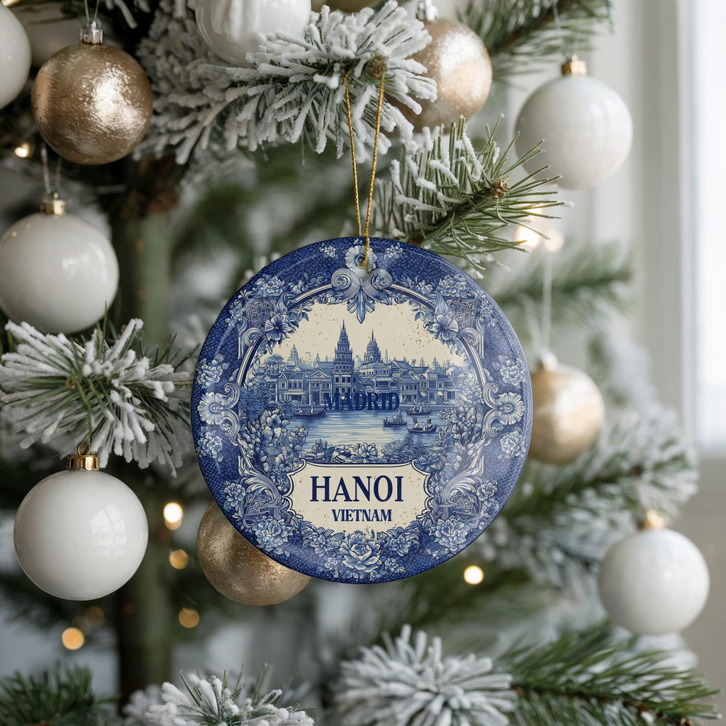 Custom Hanoi Vietnam Ceramic Delft Ornament, Christmas Delftware Blue Delftware city travel - CuteBeePix
