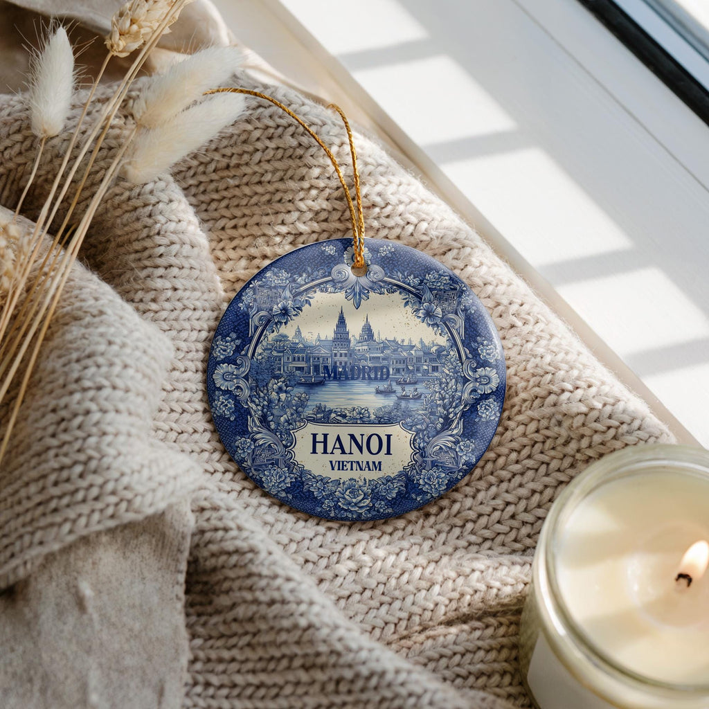 Custom Hanoi Vietnam Ceramic Delft Ornament, Christmas Delftware Blue Delftware city travel - CuteBeePix