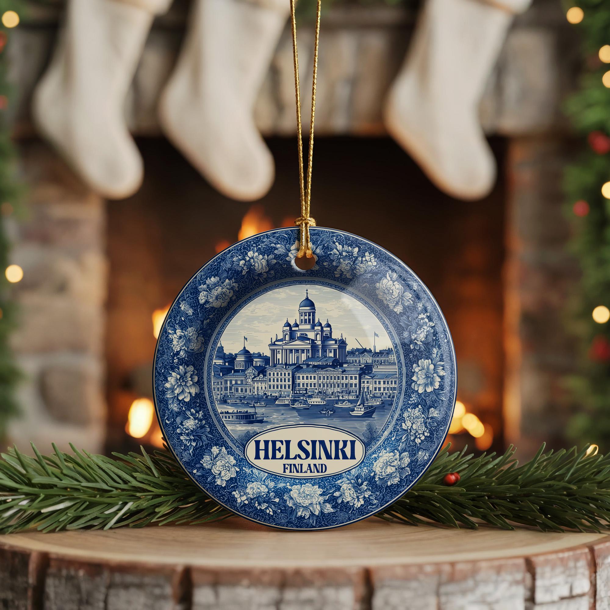 Custom Helsinki Finland Ceramic Delft Ornament, Christmas Delftware Blue Delftware city travel - CuteBeePix