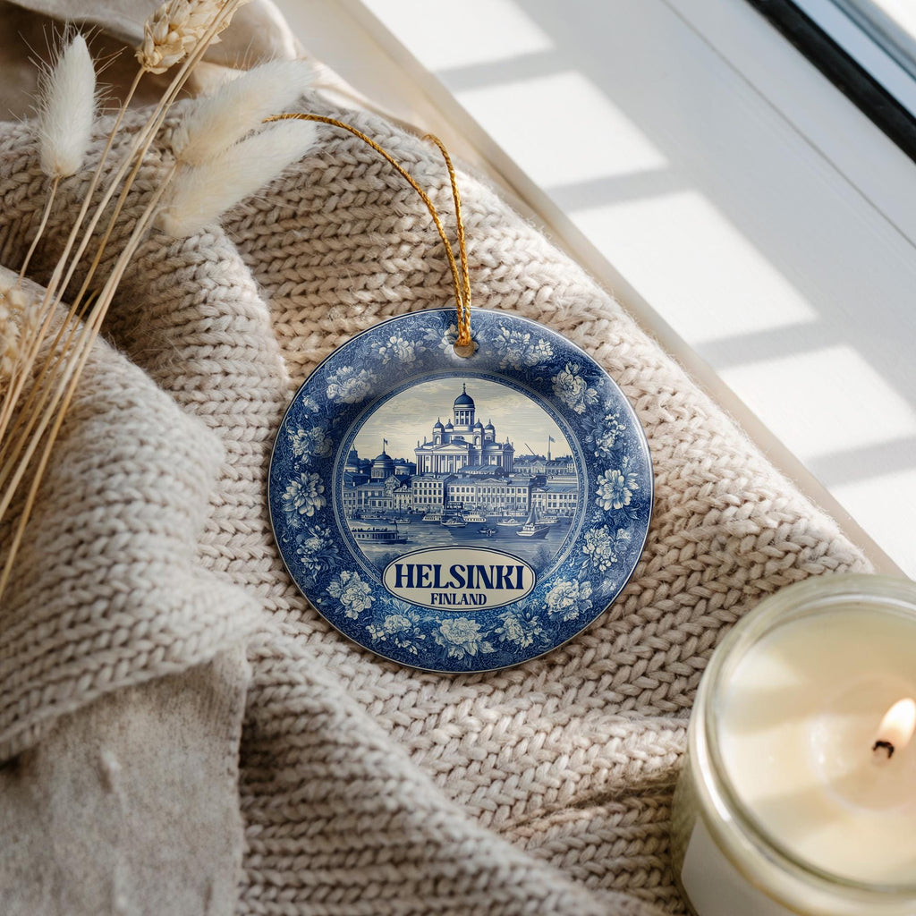 Custom Helsinki Finland Ceramic Delft Ornament, Christmas Delftware Blue Delftware city travel - CuteBeePix
