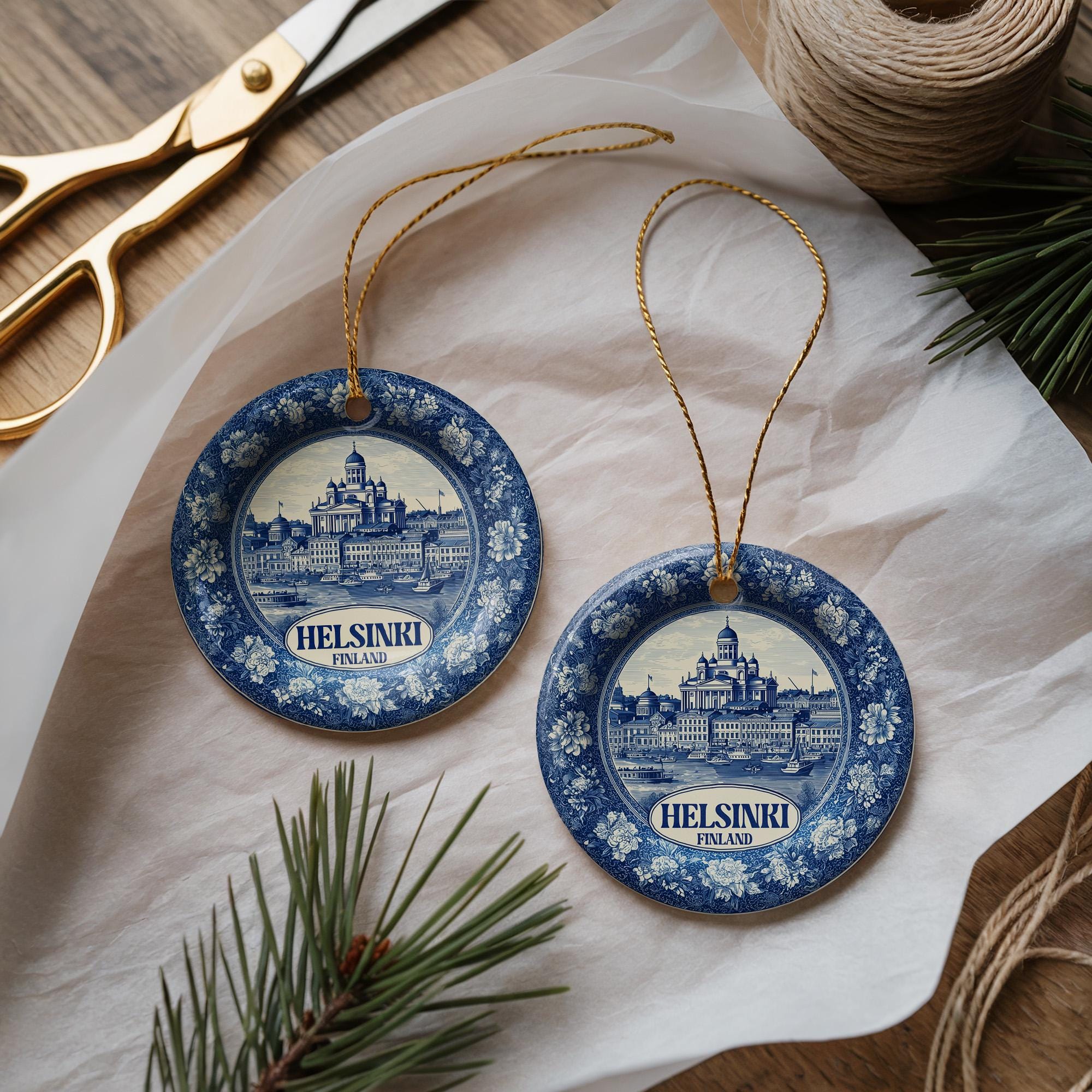 Custom Helsinki Finland Ceramic Delft Ornament, Christmas Delftware Blue Delftware city travel - CuteBeePix