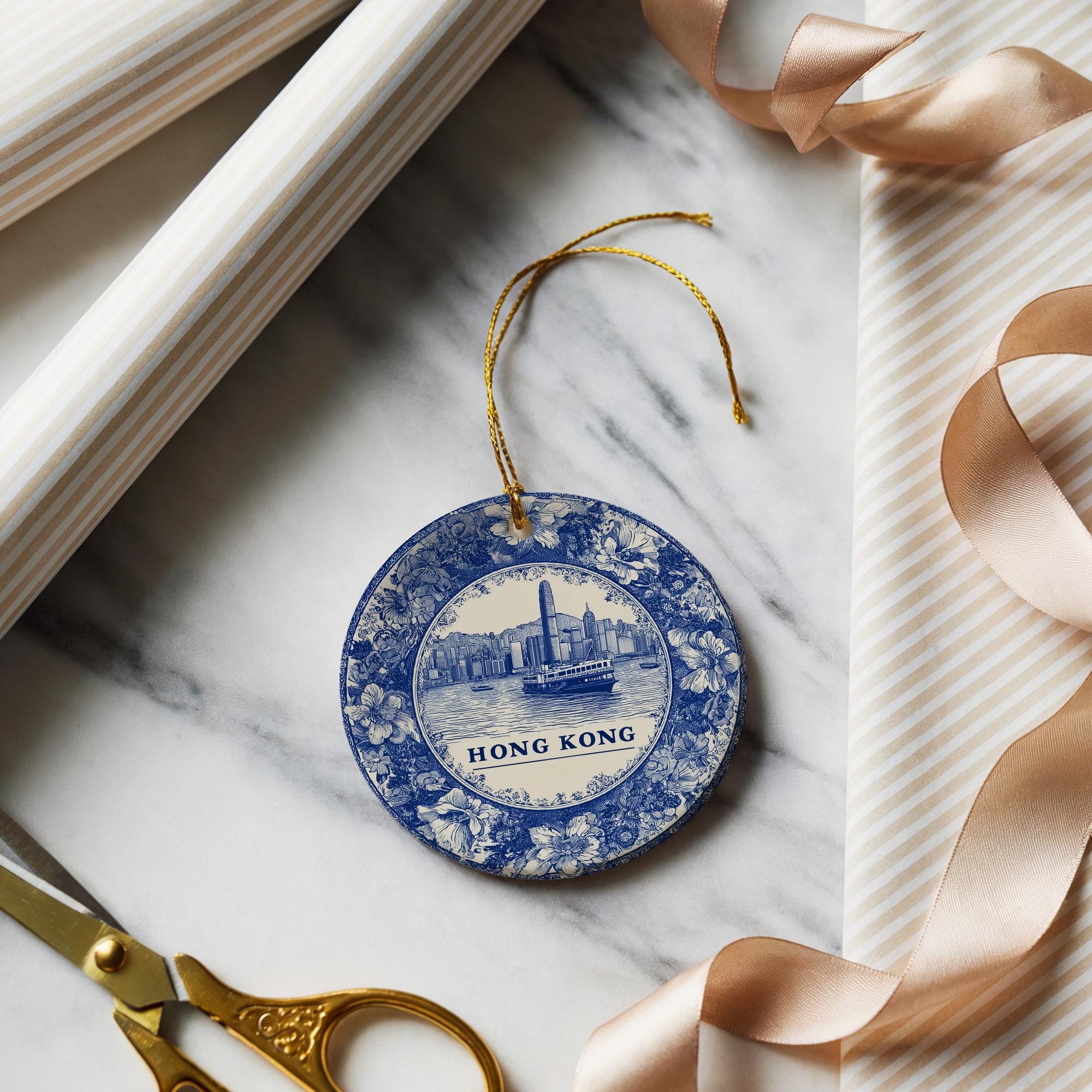 Custom Hong Kong Ceramic Delft Ornament, Christmas Delftware Blue Delftware city travel - CuteBeePix