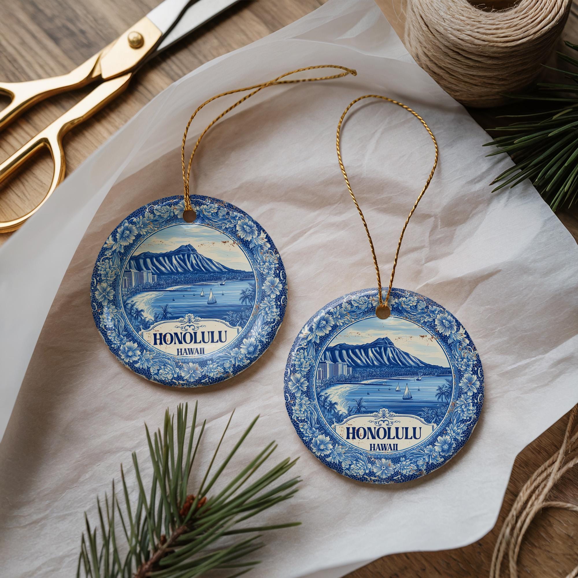 Custom Honolulu Hawaii Ceramic Delft Ornament, Christmas Delftware Blue Delftware city travel - CuteBeePix