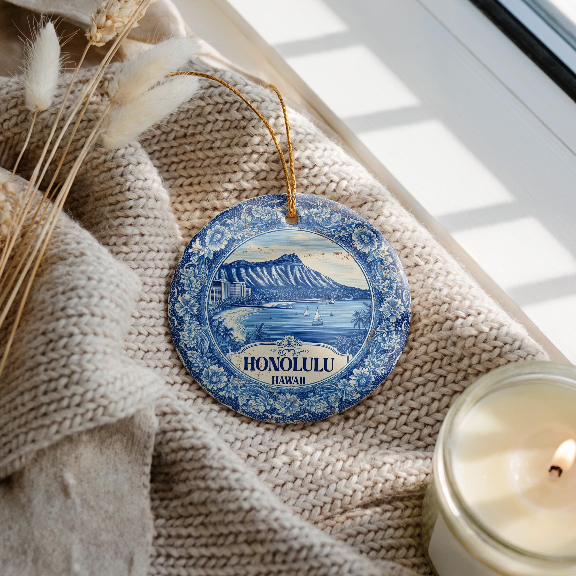 Custom Honolulu Hawaii Ceramic Delft Ornament, Christmas Delftware Blue Delftware city travel - CuteBeePix