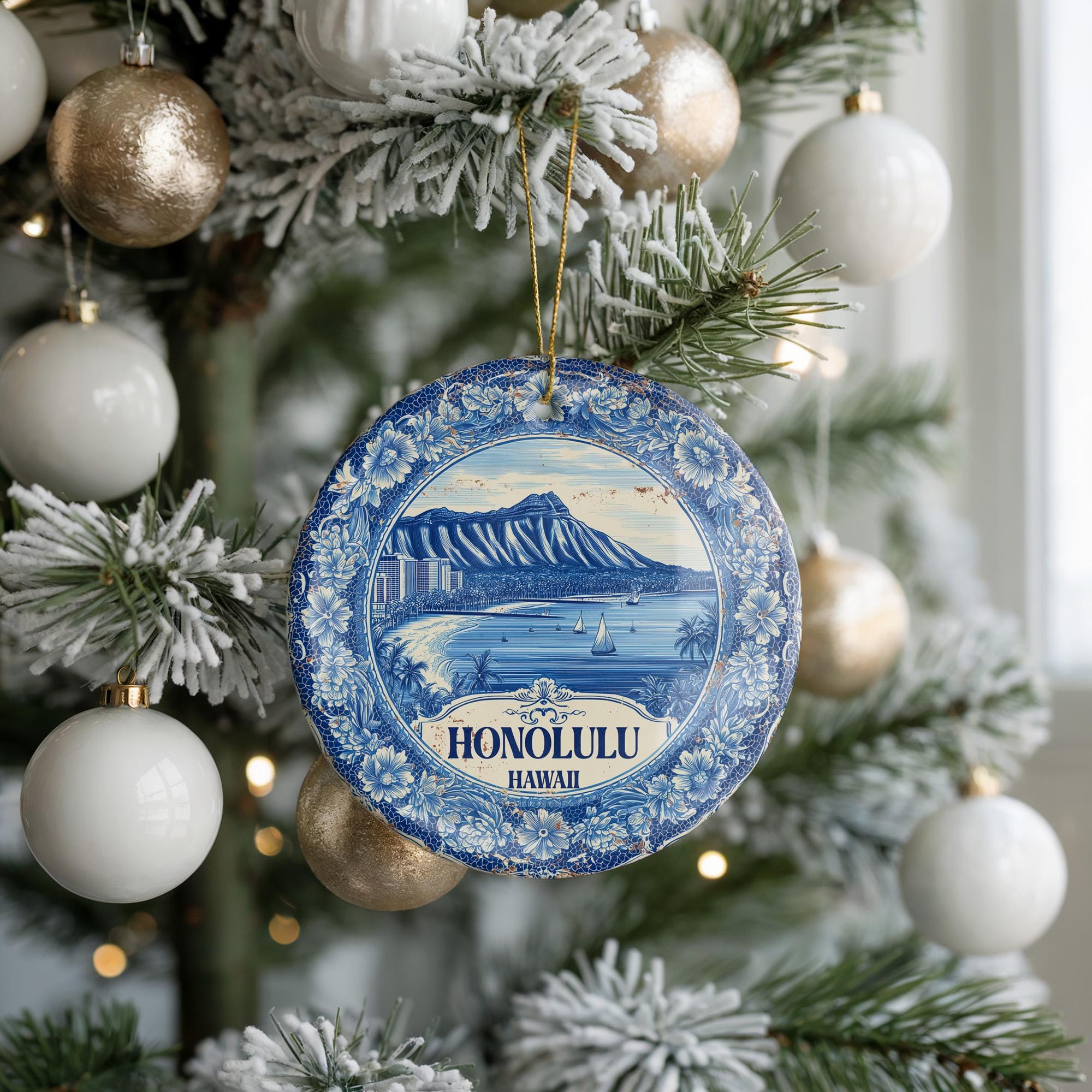 Custom Honolulu Hawaii Ceramic Delft Ornament, Christmas Delftware Blue Delftware city travel - CuteBeePix