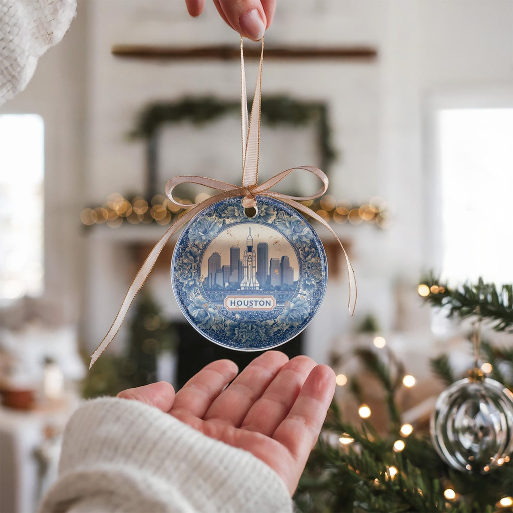 Custom Houston Texas Ceramic Delft Ornament, Christmas Delftware Blue Delftware city travel - CuteBeePix