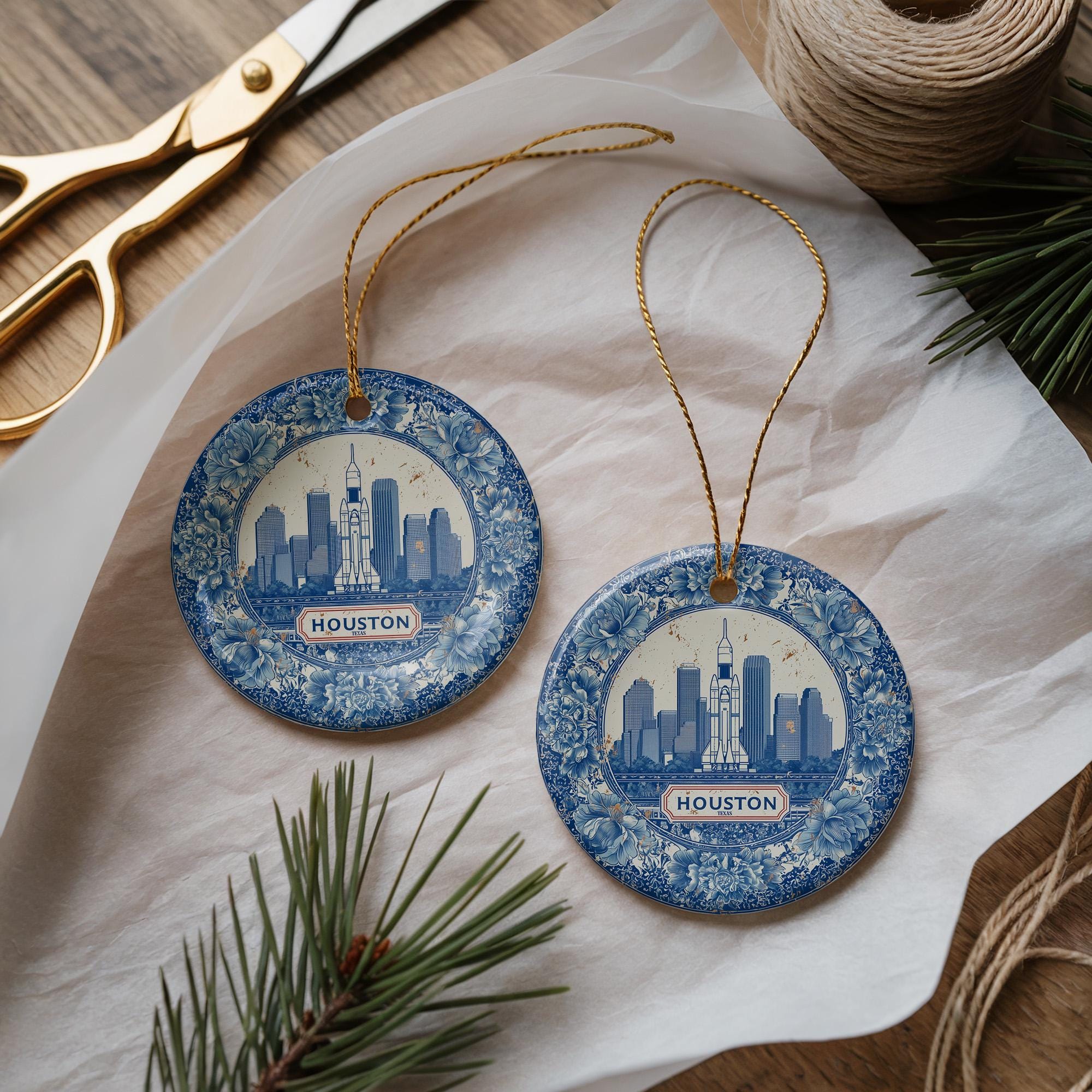 Custom Houston Texas Ceramic Delft Ornament, Christmas Delftware Blue Delftware city travel - CuteBeePix