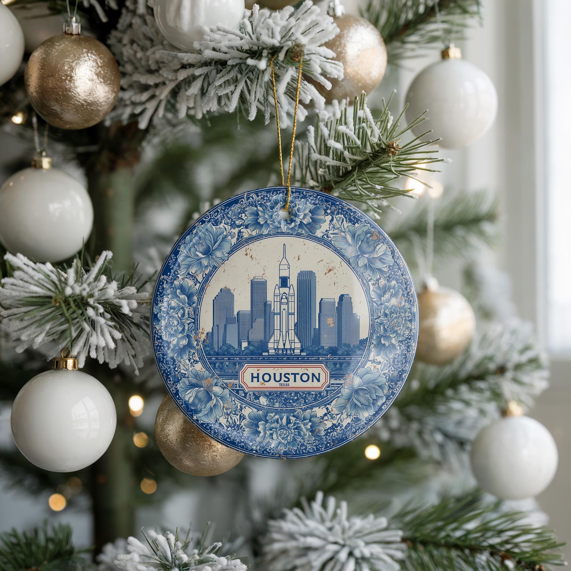 Custom Houston Texas Ceramic Delft Ornament, Christmas Delftware Blue Delftware city travel - CuteBeePix