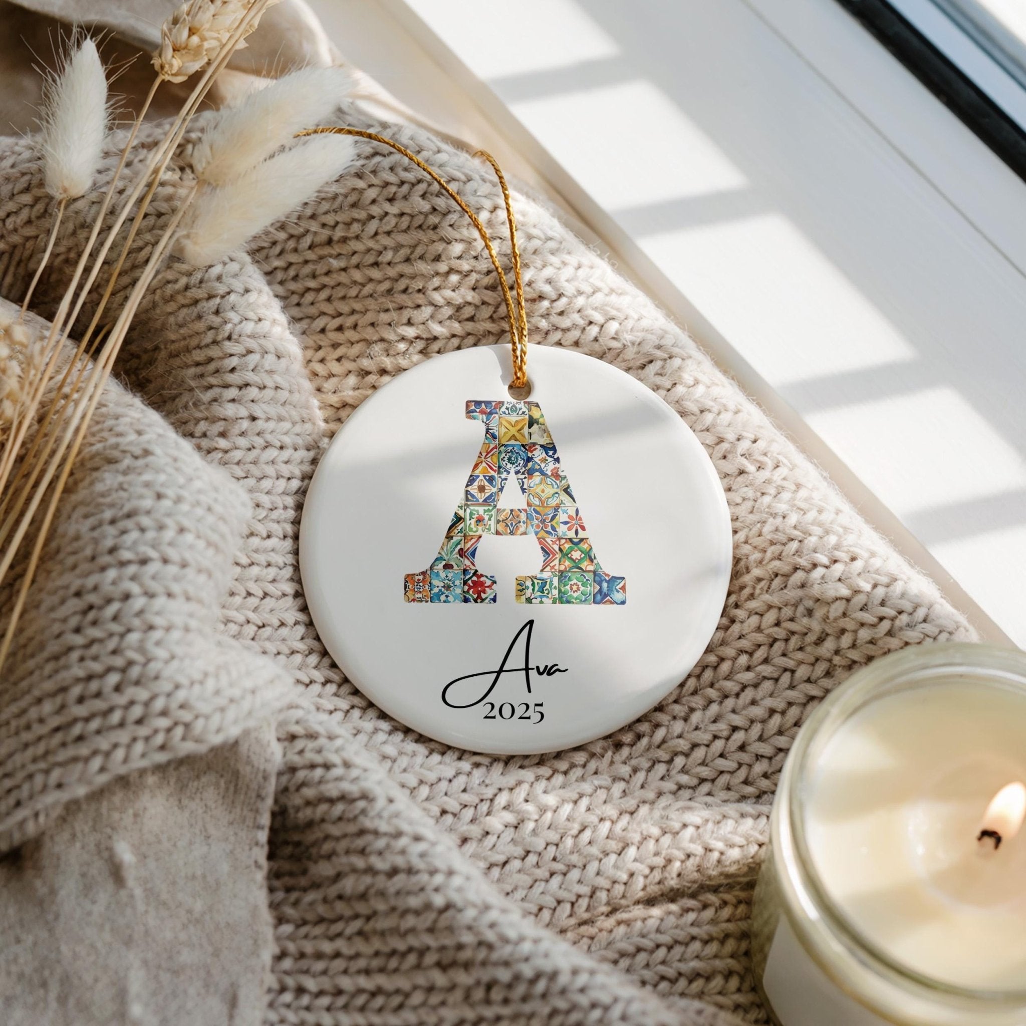 Custom Initial Ornament Name, Letter A, Personalized Portuguese Tile Family Christmas Gift Mediterranean Keepsake - CuteBeePix