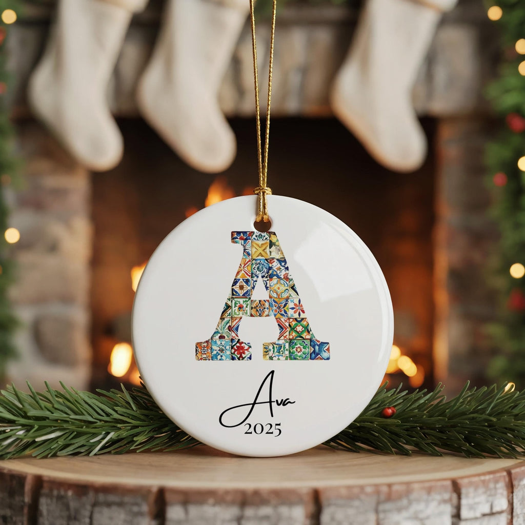 Custom Initial Ornament Name, Letter A, Personalized Portuguese Tile Family Christmas Gift Mediterranean Keepsake - CuteBeePix