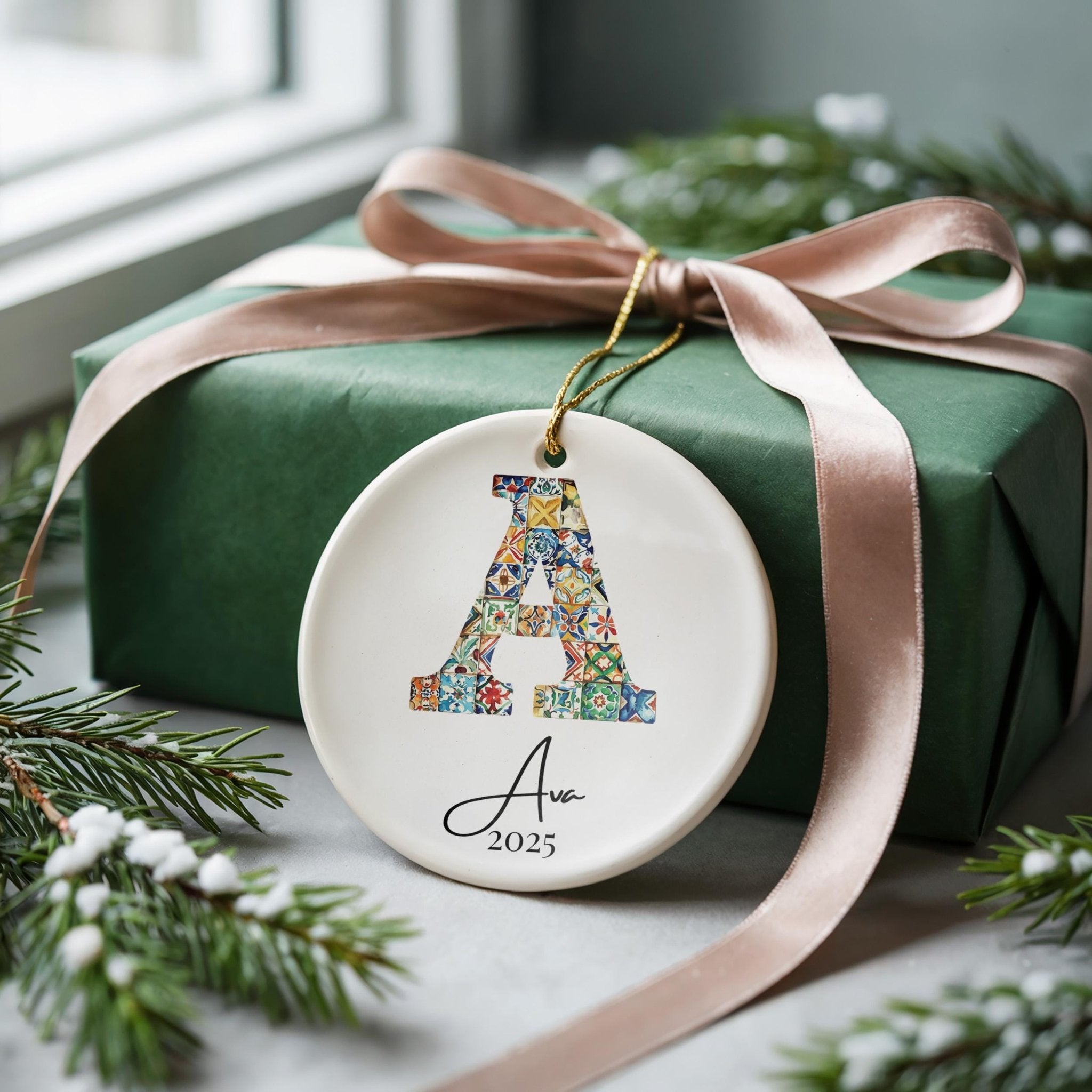 Custom Initial Ornament Name, Letter A, Personalized Portuguese Tile Family Christmas Gift Mediterranean Keepsake - CuteBeePix