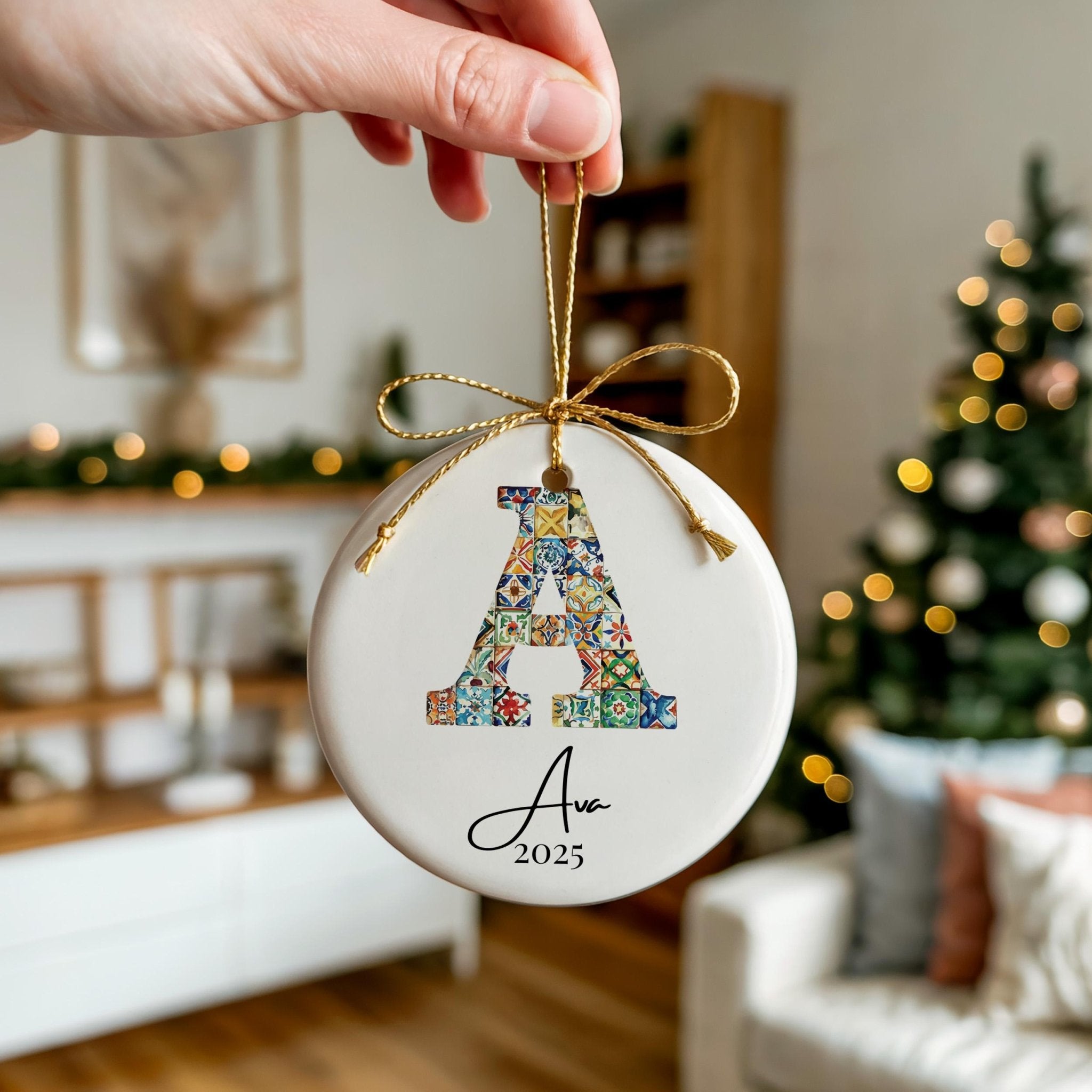 Custom Initial Ornament Name, Letter A, Personalized Portuguese Tile Monogram Christmas Gift Mediterranean Keepsake - CuteBeePix