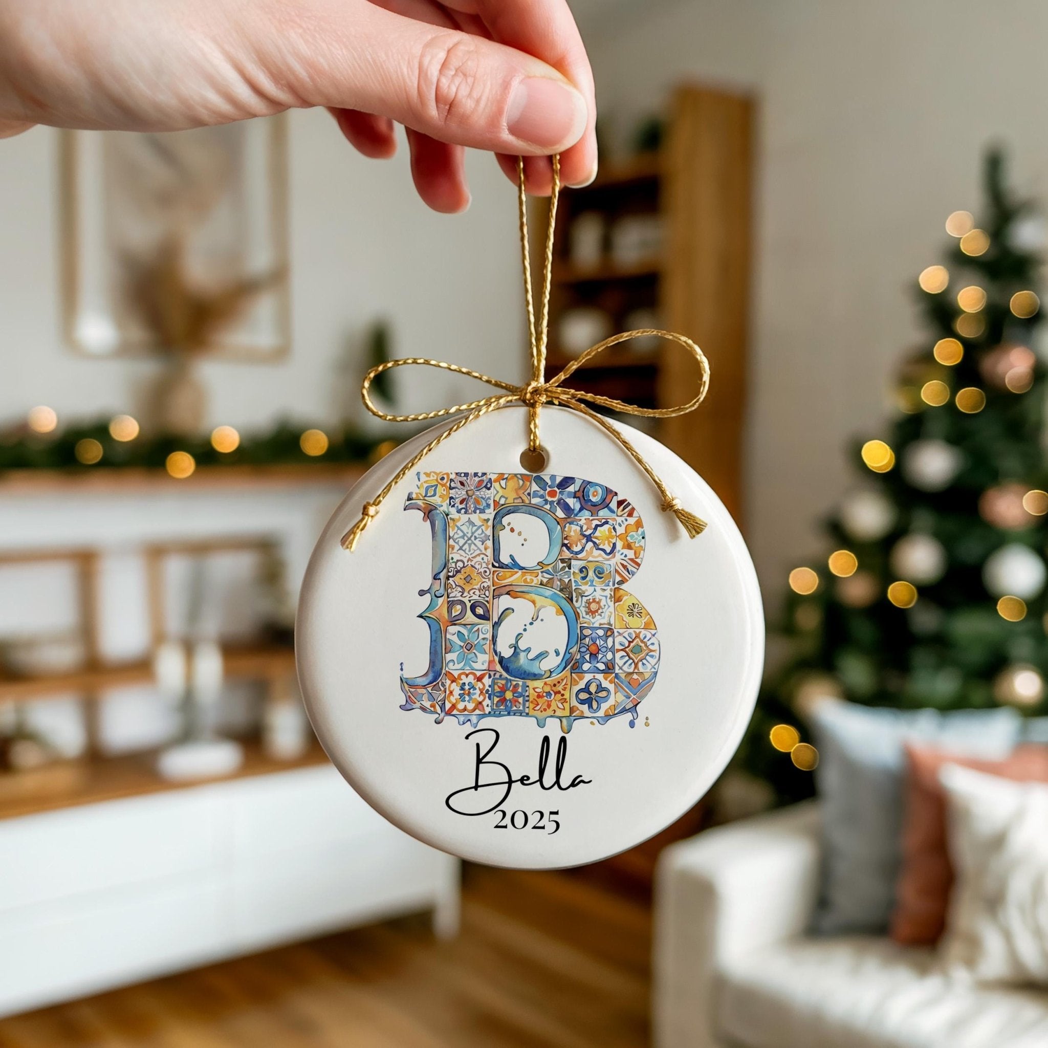 Custom Initial Ornament Name, Letter B, Personalized Portuguese Tile Monogram Christmas Gift Mediterranean Keepsake - CuteBeePix