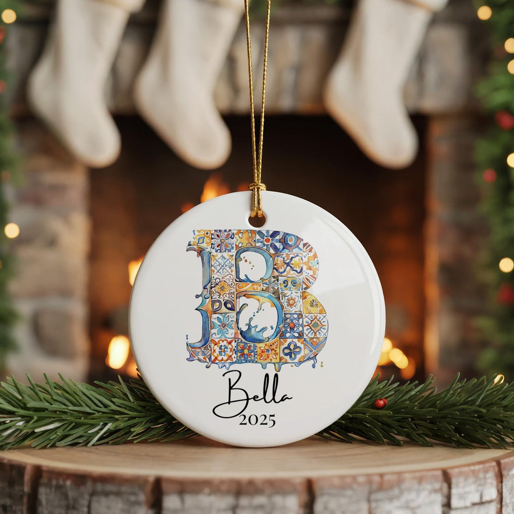 Custom Initial Ornament Name, Letter B, Personalized Portuguese Tile Monogram Christmas Gift Mediterranean Keepsake - CuteBeePix
