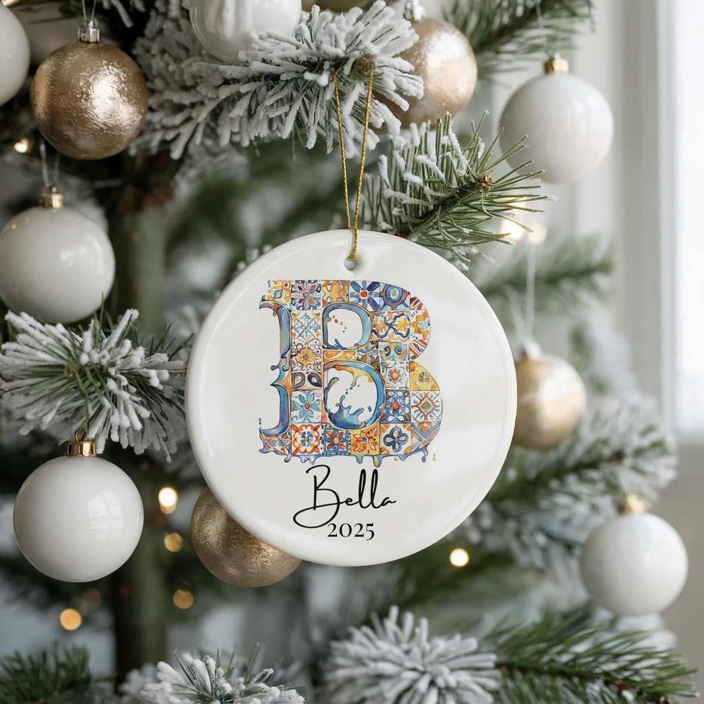 Custom Initial Ornament Name, Letter B, Personalized Portuguese Tile Monogram Christmas Gift Mediterranean Keepsake - CuteBeePix