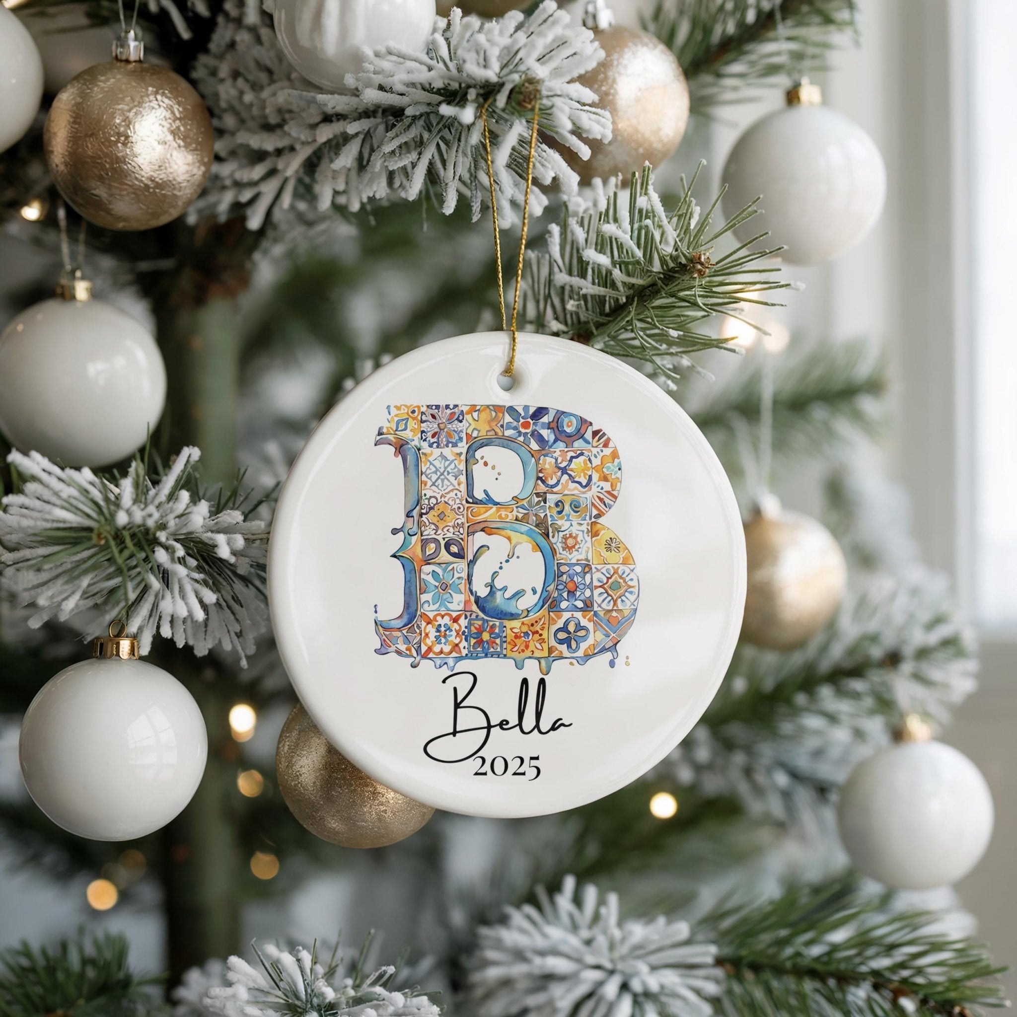 Custom Initial Ornament Name, Letter B, Personalized Portuguese Tile Monogram Christmas Gift Mediterranean Keepsake - CuteBeePix