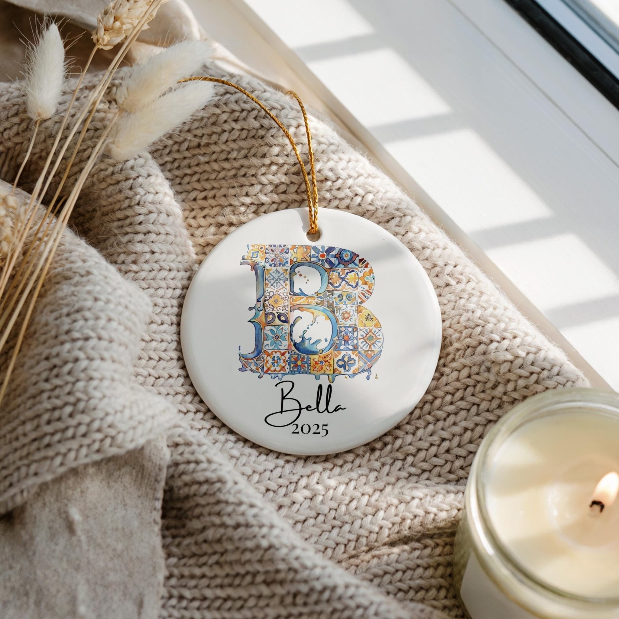 Custom Initial Ornament Name, Letter B, Personalized Portuguese Tile Monogram Christmas Gift Mediterranean Keepsake - CuteBeePix