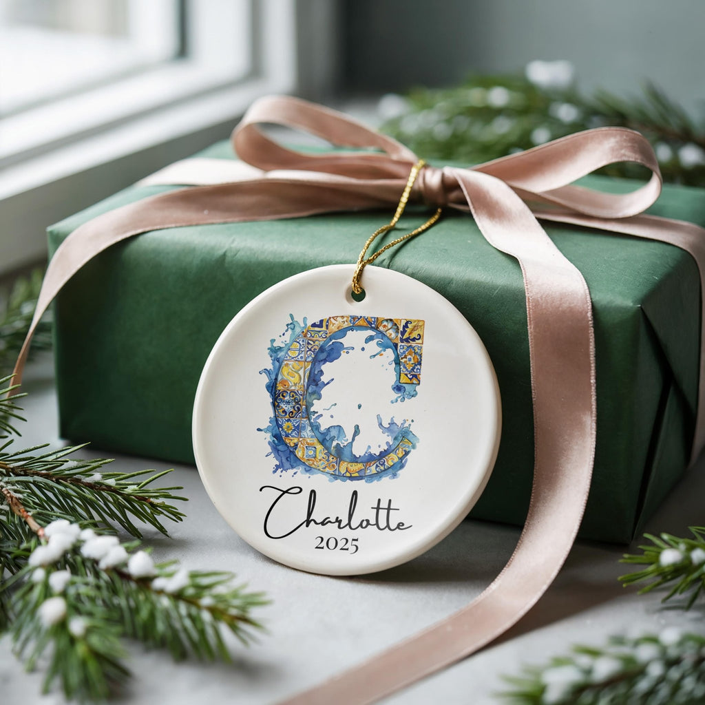 Custom Initial Ornament Name, Letter C, Personalized Portuguese Tile Monogram Christmas Gift Mediterranean Keepsake - CuteBeePix