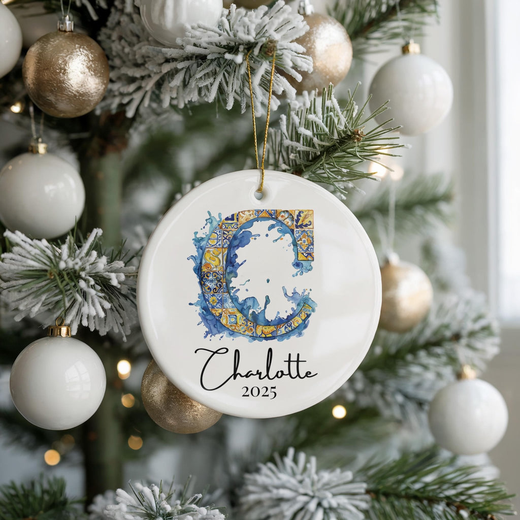Custom Initial Ornament Name, Letter C, Personalized Portuguese Tile Monogram Christmas Gift Mediterranean Keepsake - CuteBeePix