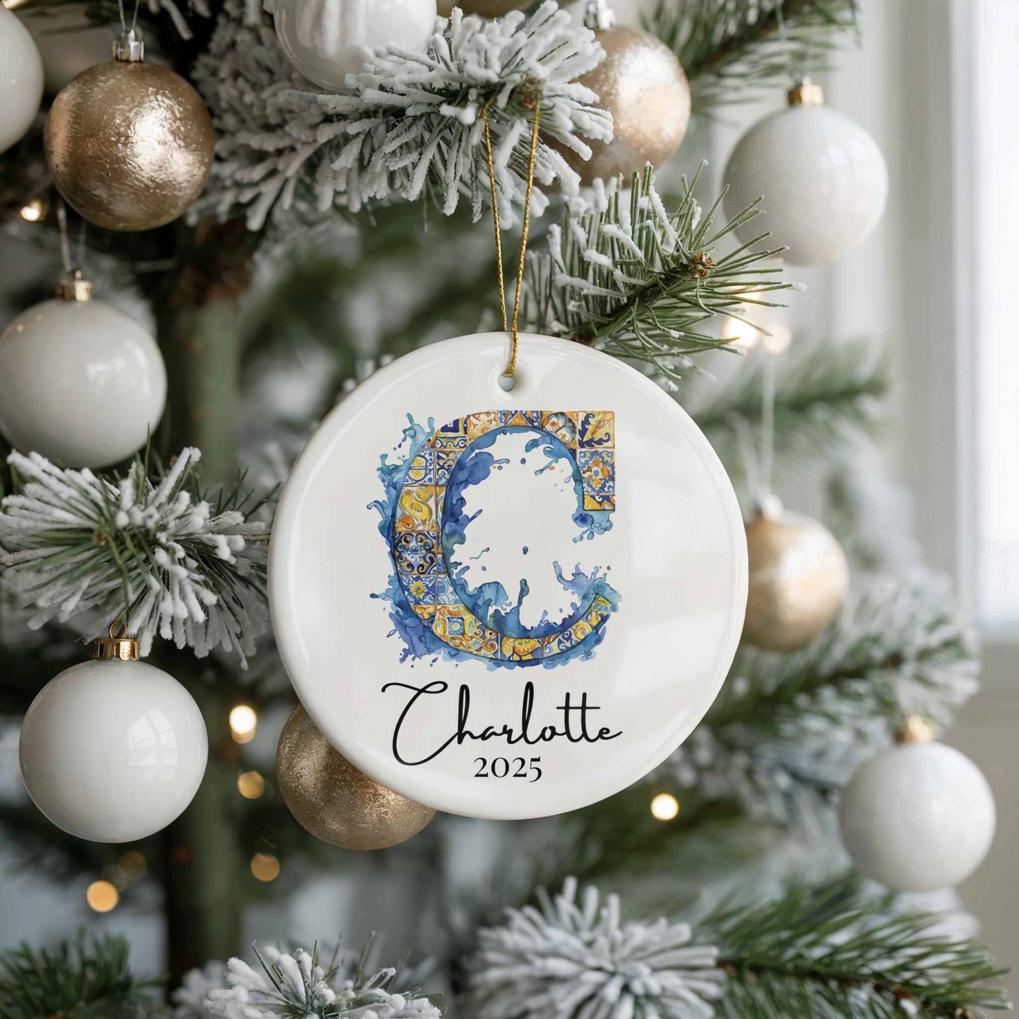 Custom Initial Ornament Name, Letter C, Personalized Portuguese Tile Monogram Christmas Gift Mediterranean Keepsake - CuteBeePix