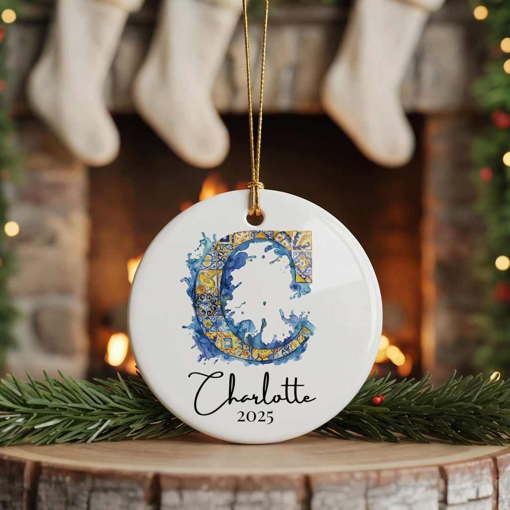 Custom Initial Ornament Name, Letter C, Personalized Portuguese Tile Monogram Christmas Gift Mediterranean Keepsake - CuteBeePix