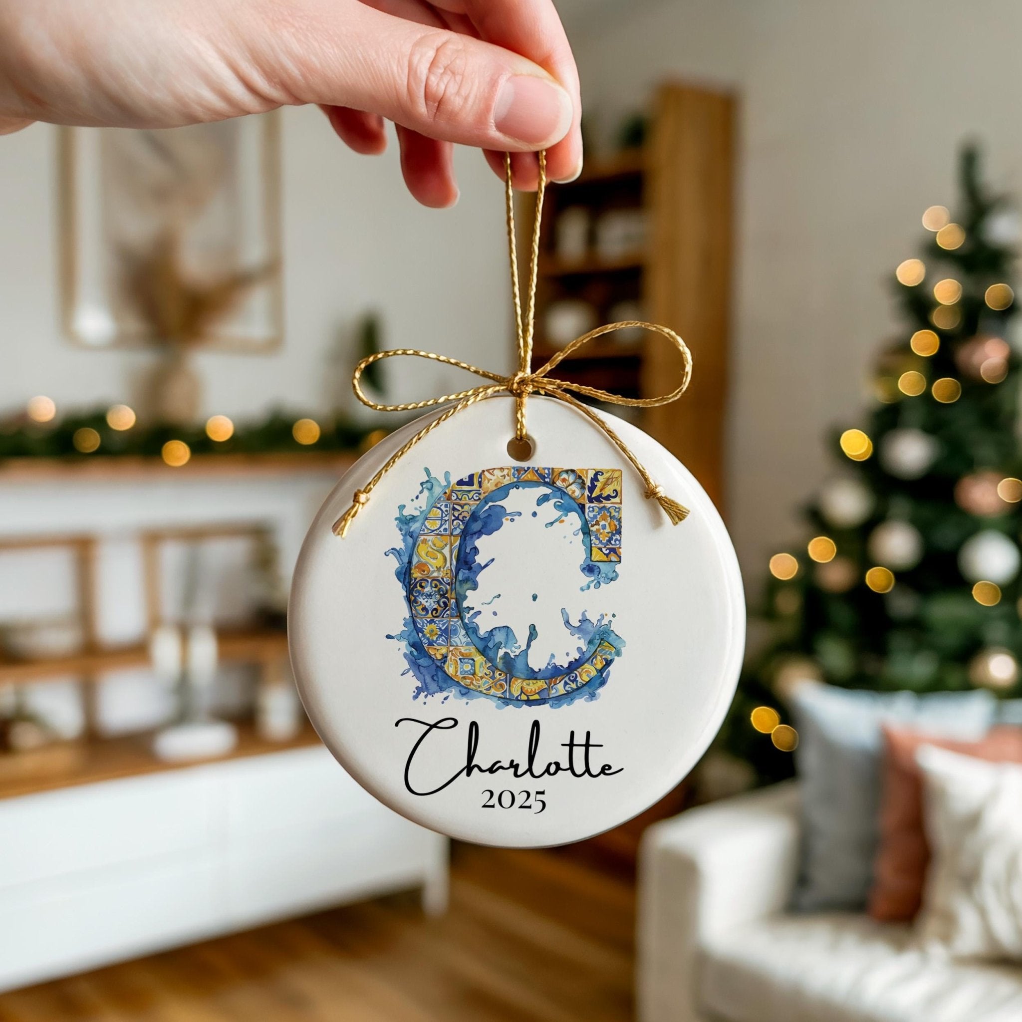 Custom Initial Ornament Name, Letter C, Personalized Portuguese Tile Monogram Christmas Gift Mediterranean Keepsake - CuteBeePix