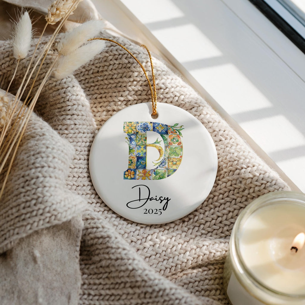 Custom Initial Ornament Name, Letter D, Personalized Portuguese Tile Monogram Christmas Gift Mediterranean Keepsake - CuteBeePix
