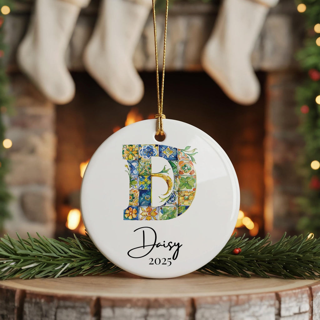 Custom Initial Ornament Name, Letter D, Personalized Portuguese Tile Monogram Christmas Gift Mediterranean Keepsake - CuteBeePix