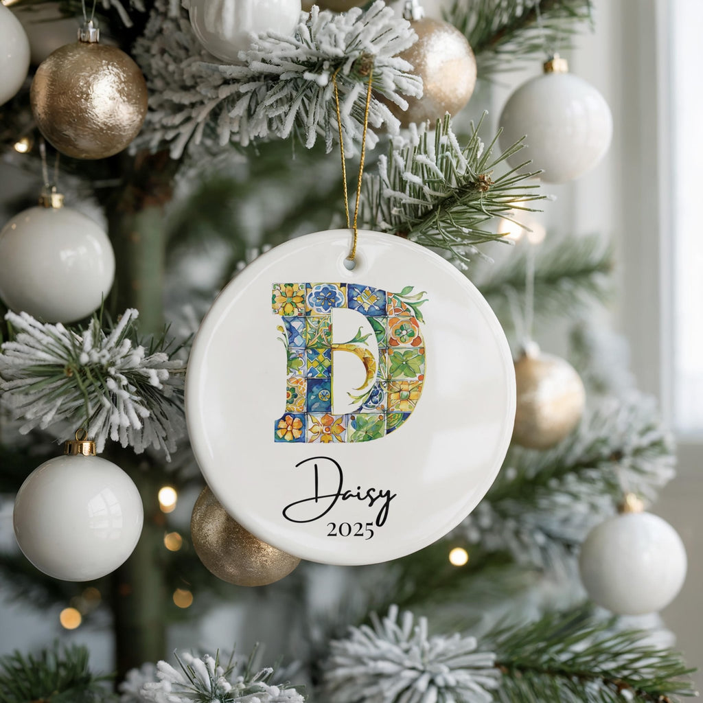 Custom Initial Ornament Name, Letter D, Personalized Portuguese Tile Monogram Christmas Gift Mediterranean Keepsake - CuteBeePix
