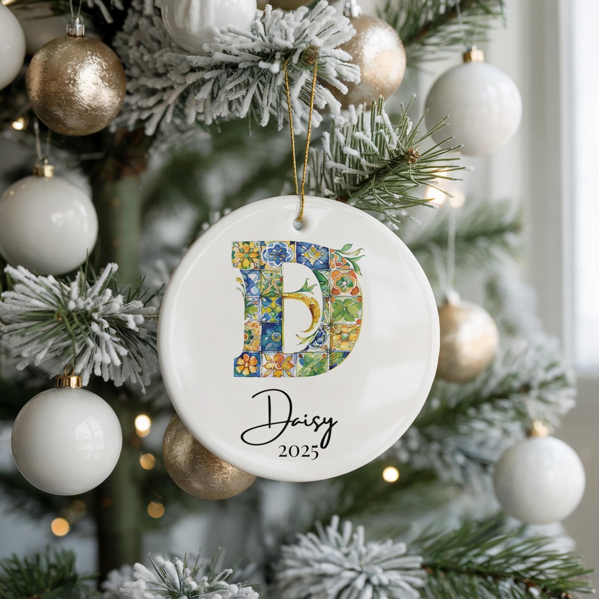 Custom Initial Ornament Name, Letter D, Personalized Portuguese Tile Monogram Christmas Gift Mediterranean Keepsake - CuteBeePix