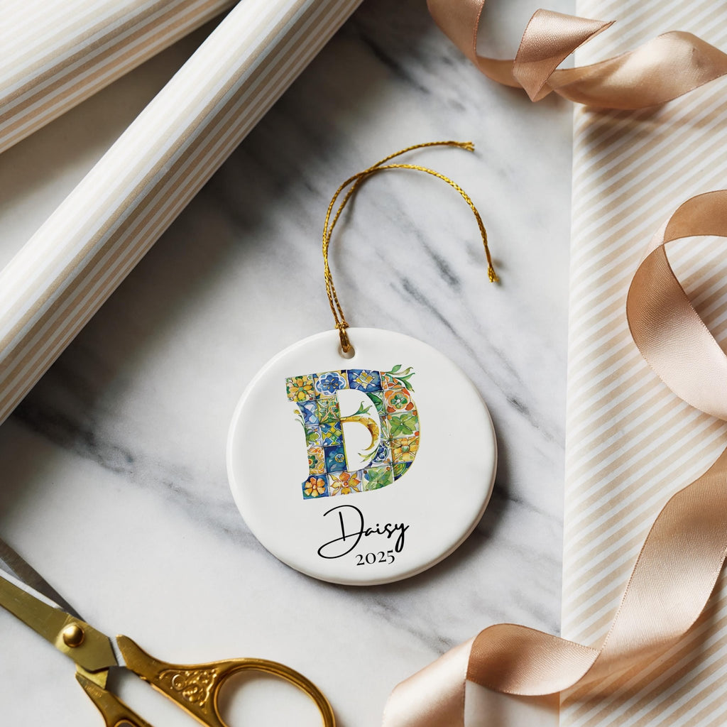 Custom Initial Ornament Name, Letter D, Personalized Portuguese Tile Monogram Christmas Gift Mediterranean Keepsake - CuteBeePix