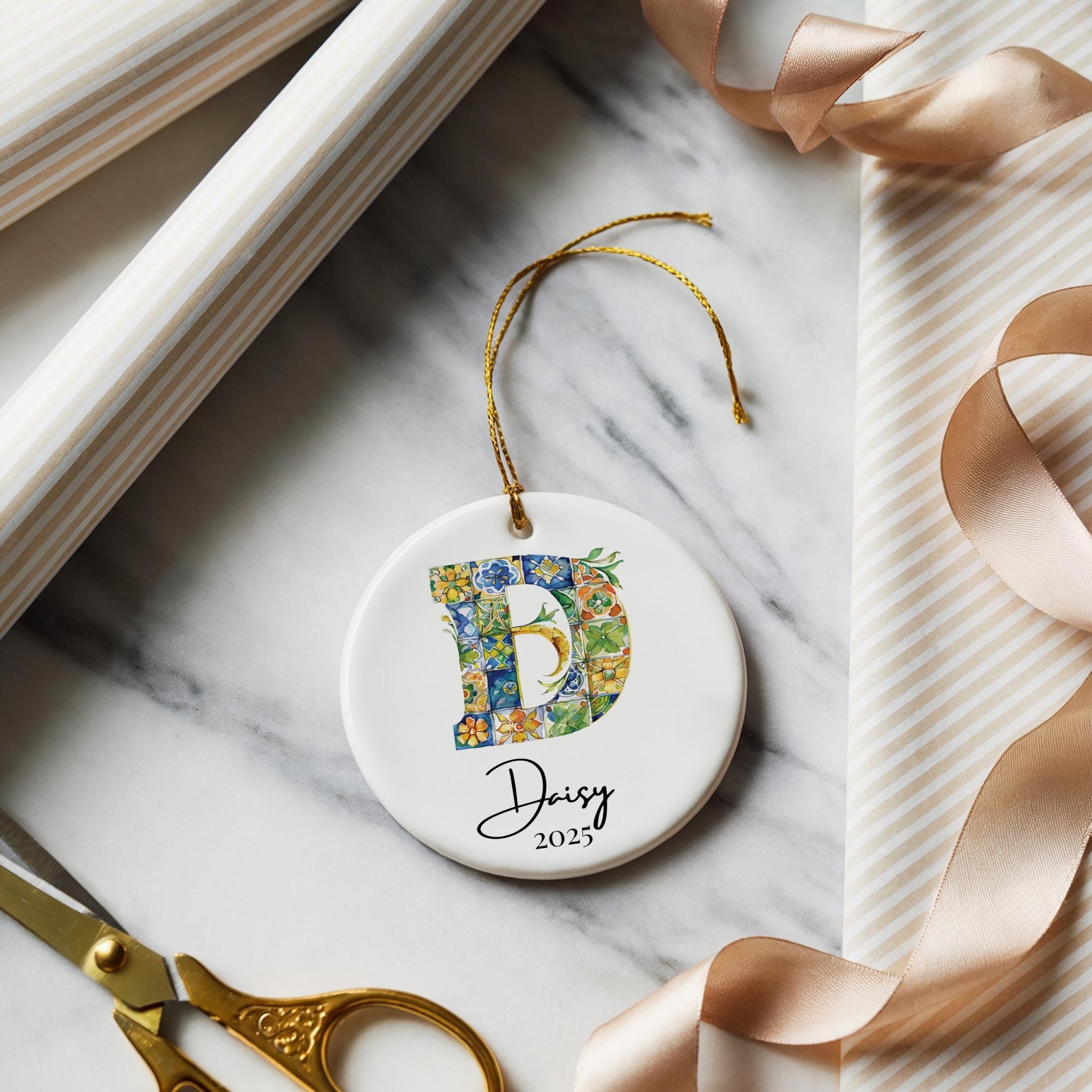 Custom Initial Ornament Name, Letter D, Personalized Portuguese Tile Monogram Christmas Gift Mediterranean Keepsake - CuteBeePix