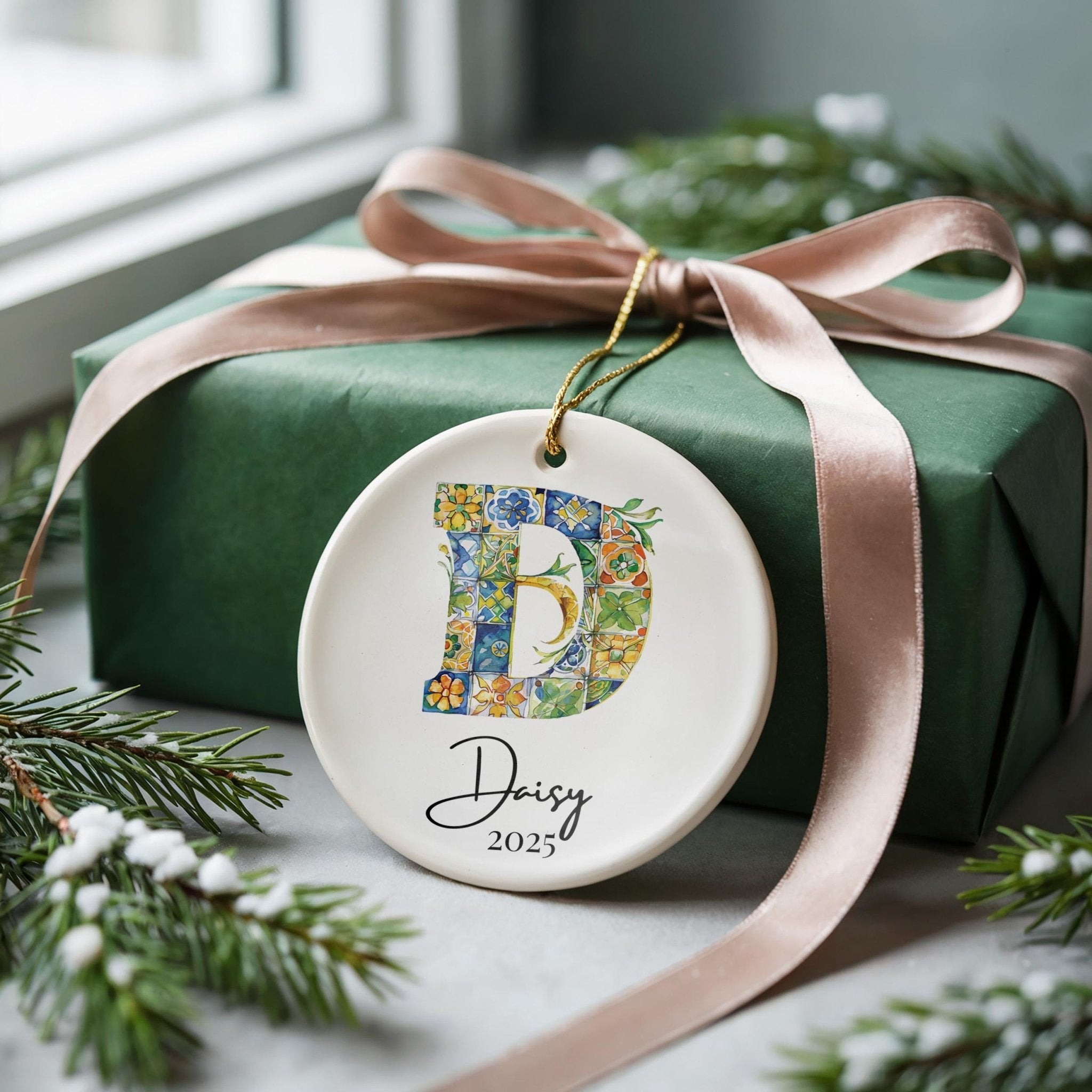 Custom Initial Ornament Name, Letter D, Personalized Portuguese Tile Monogram Christmas Gift Mediterranean Keepsake - CuteBeePix