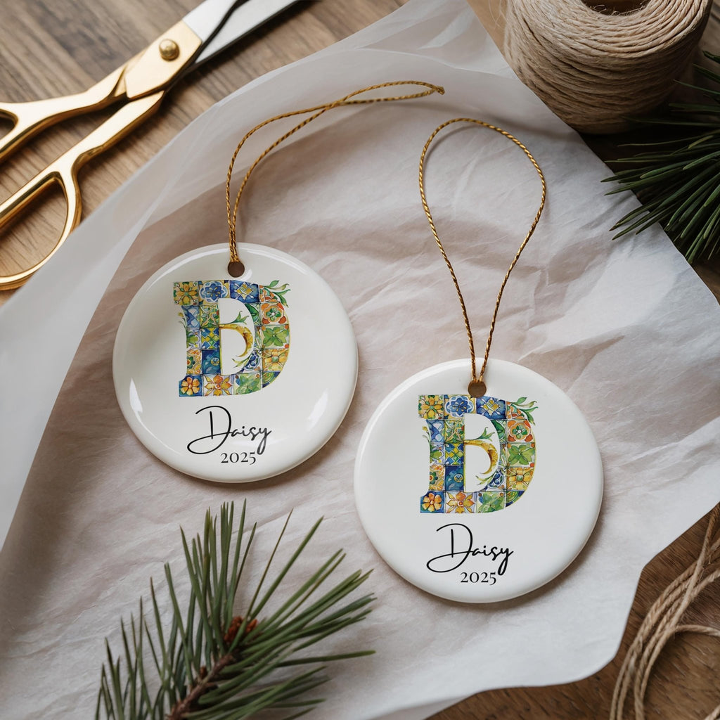 Custom Initial Ornament Name, Letter D, Personalized Portuguese Tile Monogram Christmas Gift Mediterranean Keepsake - CuteBeePix