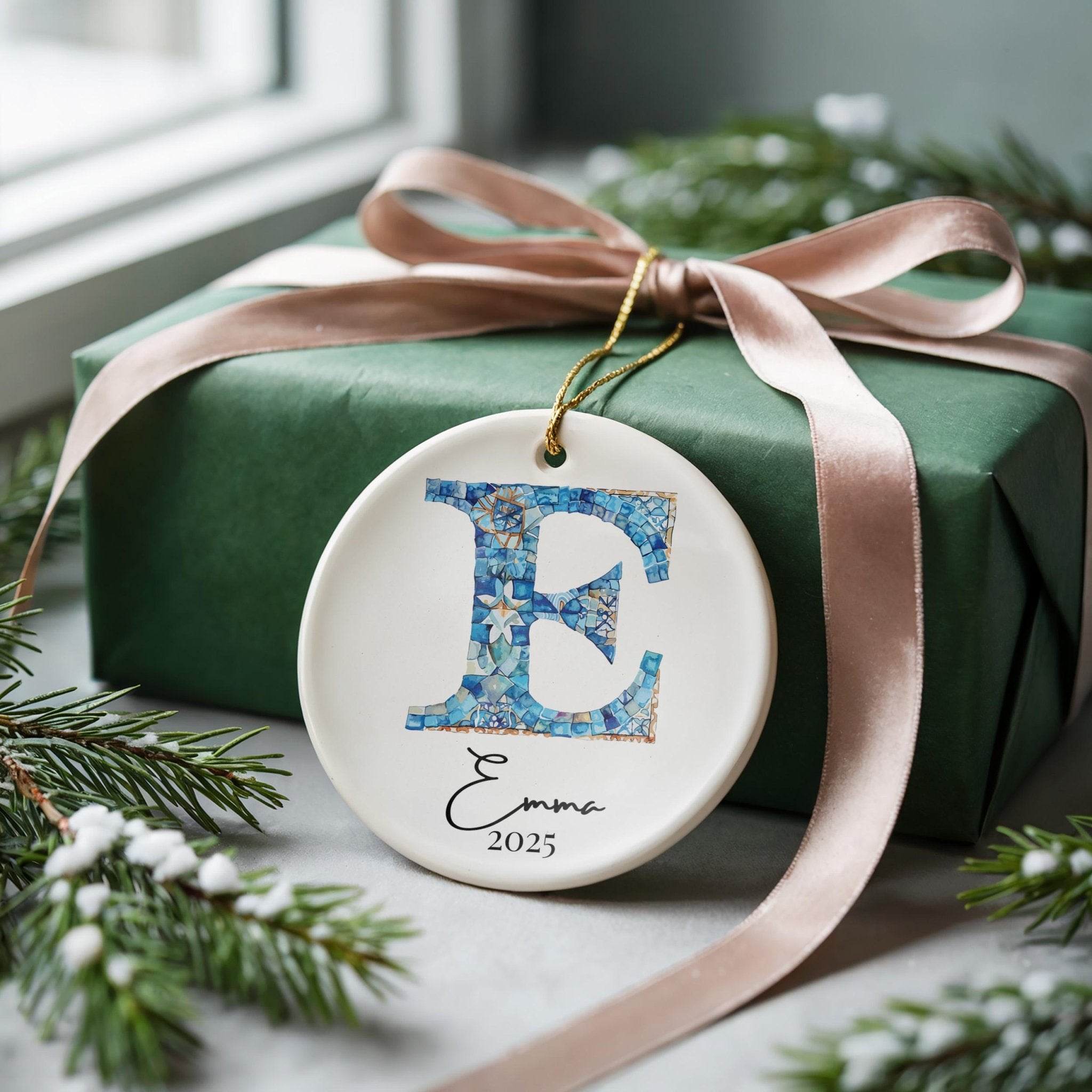 Custom Initial Ornament Name, Letter E, Personalized Portuguese Tile Monogram Christmas Gift Mediterranean Keepsake - CuteBeePix