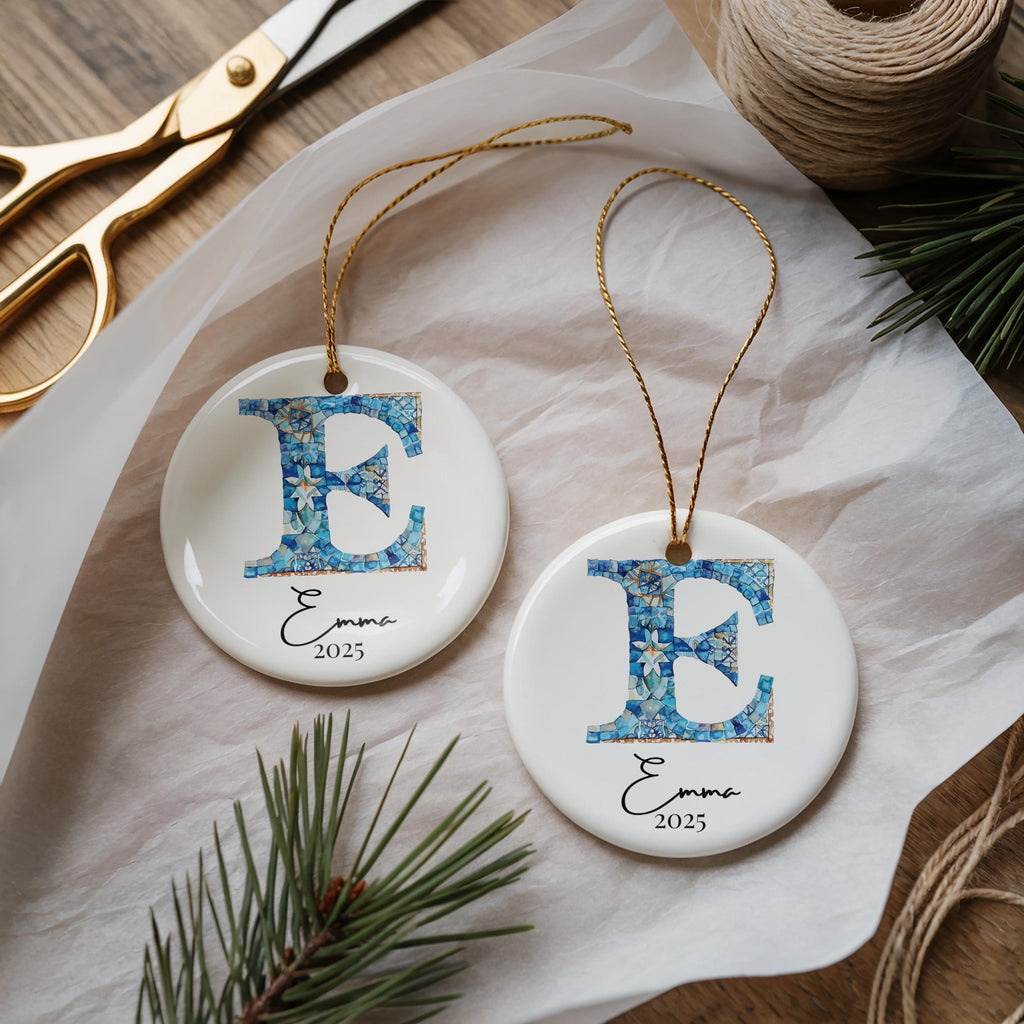 Custom Initial Ornament Name, Letter E, Personalized Portuguese Tile Monogram Christmas Gift Mediterranean Keepsake - CuteBeePix