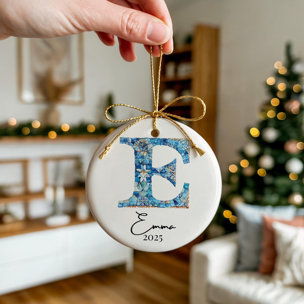 Custom Initial Ornament Name, Letter E, Personalized Portuguese Tile Monogram Christmas Gift Mediterranean Keepsake - CuteBeePix