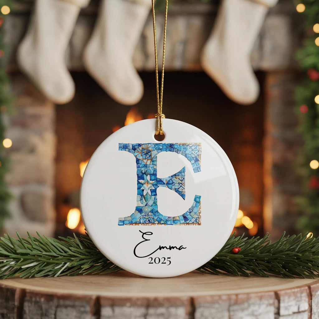 Custom Initial Ornament Name, Letter E, Personalized Portuguese Tile Monogram Christmas Gift Mediterranean Keepsake - CuteBeePix