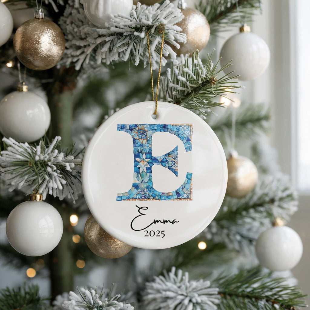 Custom Initial Ornament Name, Letter E, Personalized Portuguese Tile Monogram Christmas Gift Mediterranean Keepsake - CuteBeePix