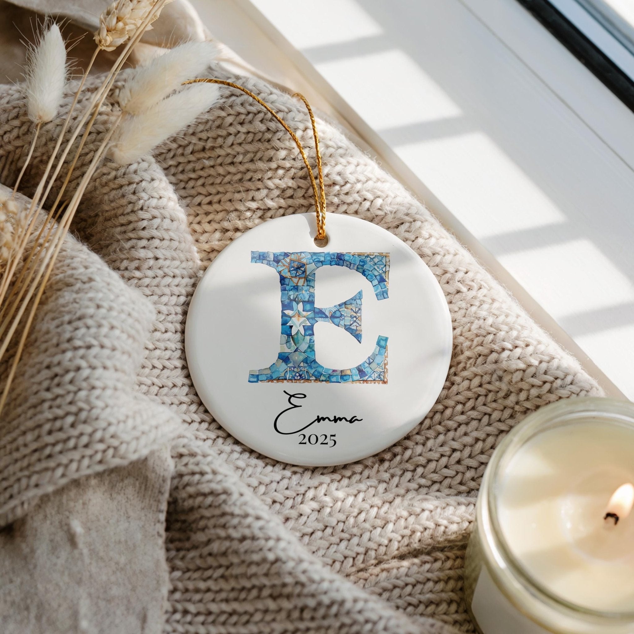 Custom Initial Ornament Name, Letter E, Personalized Portuguese Tile Monogram Christmas Gift Mediterranean Keepsake - CuteBeePix
