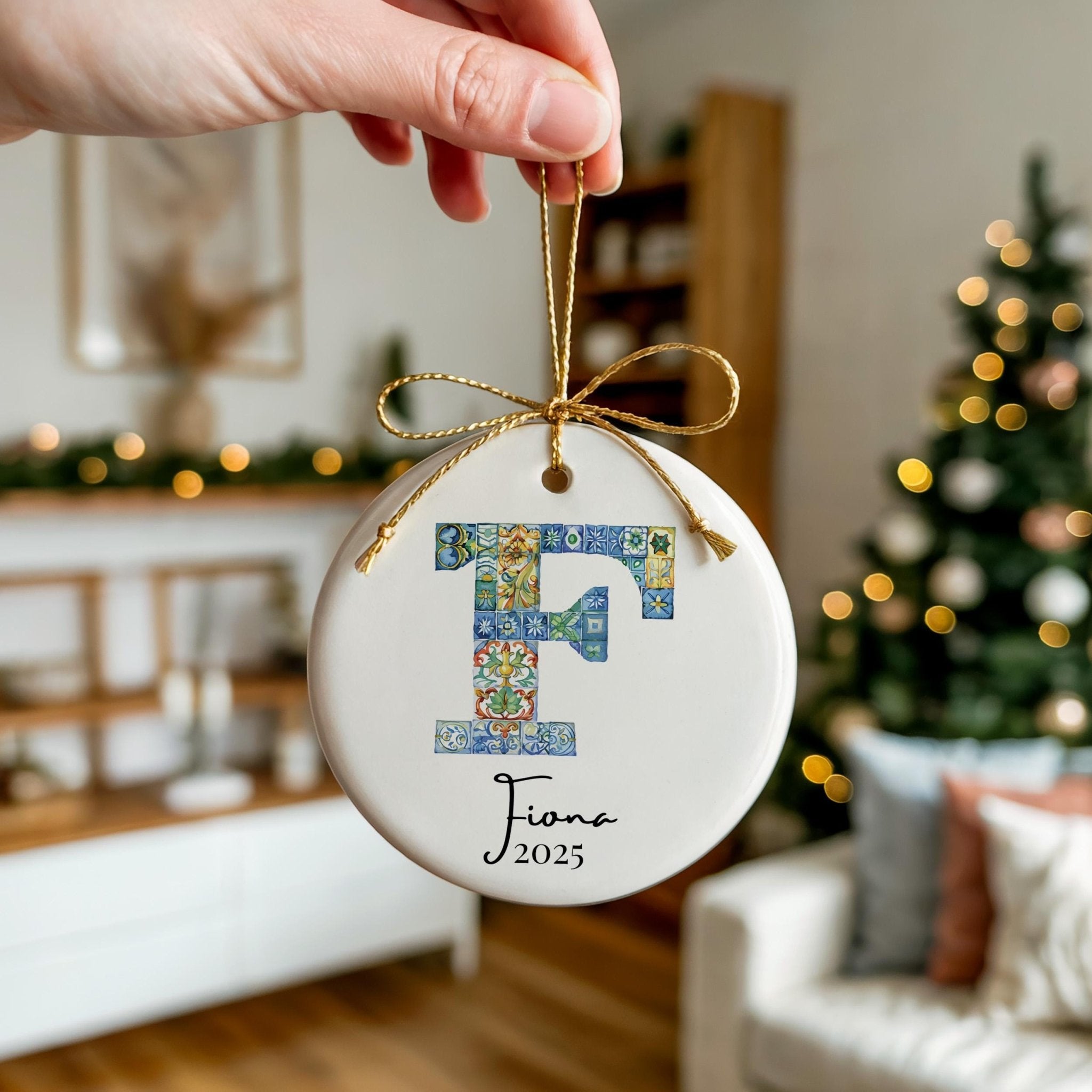 Custom Initial Ornament Name, Letter F, Personalized Portuguese Tile Monogram Christmas Gift Mediterranean Keepsake - CuteBeePix